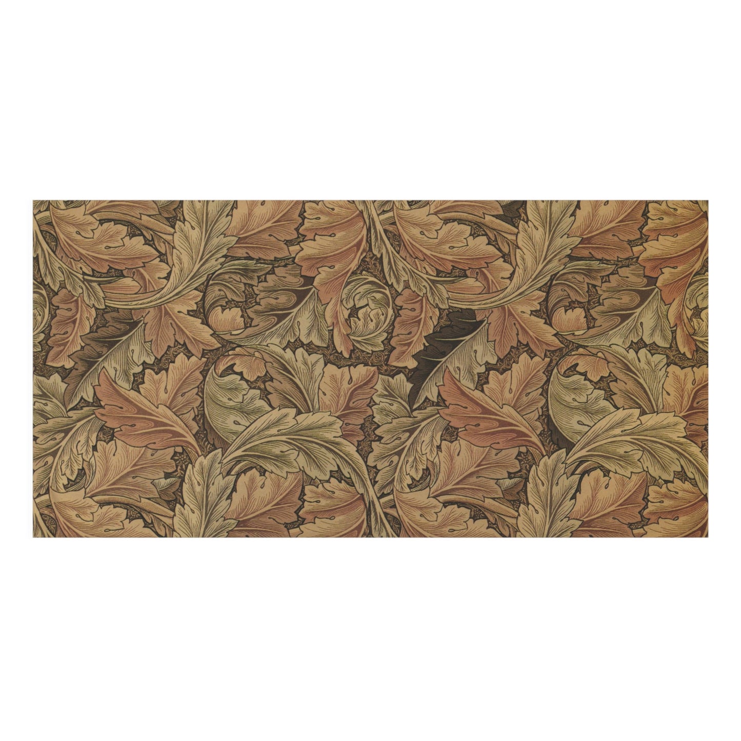 A rectangular fabric or wallpaper sample featuring a classic William Morris-style acanthus leaf pattern in muted autumn tones of brown, beige, and olive green, shown against a plain white background.