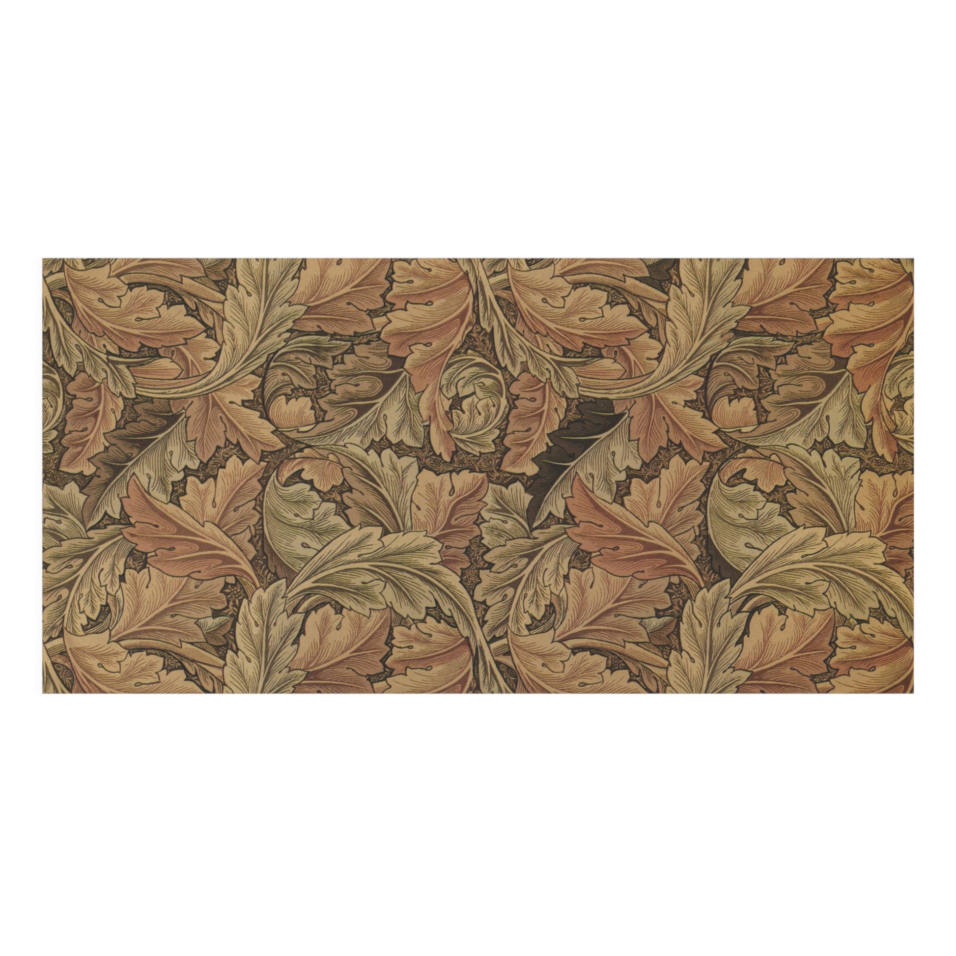 A rectangular fabric or wallpaper sample featuring a classic William Morris-style acanthus leaf pattern in muted autumn tones of brown, beige, and olive green, shown against a plain white background.
