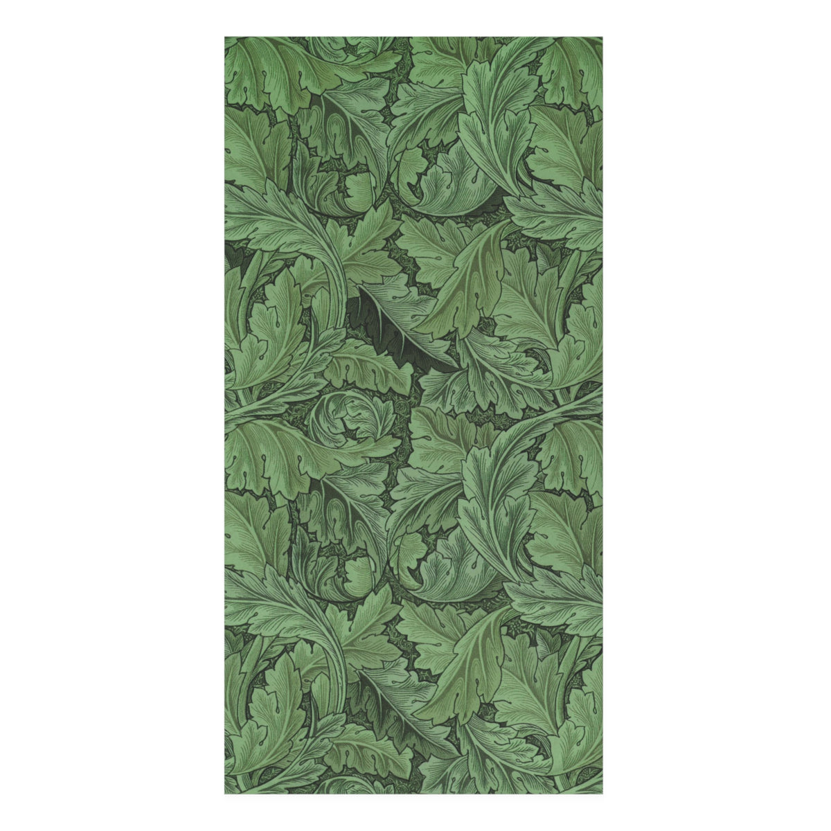 A rectangular fabric or wallpaper sample featuring a dense, symmetrical green botanical pattern of overlapping leaves and acanthus-like foliage on a white background.