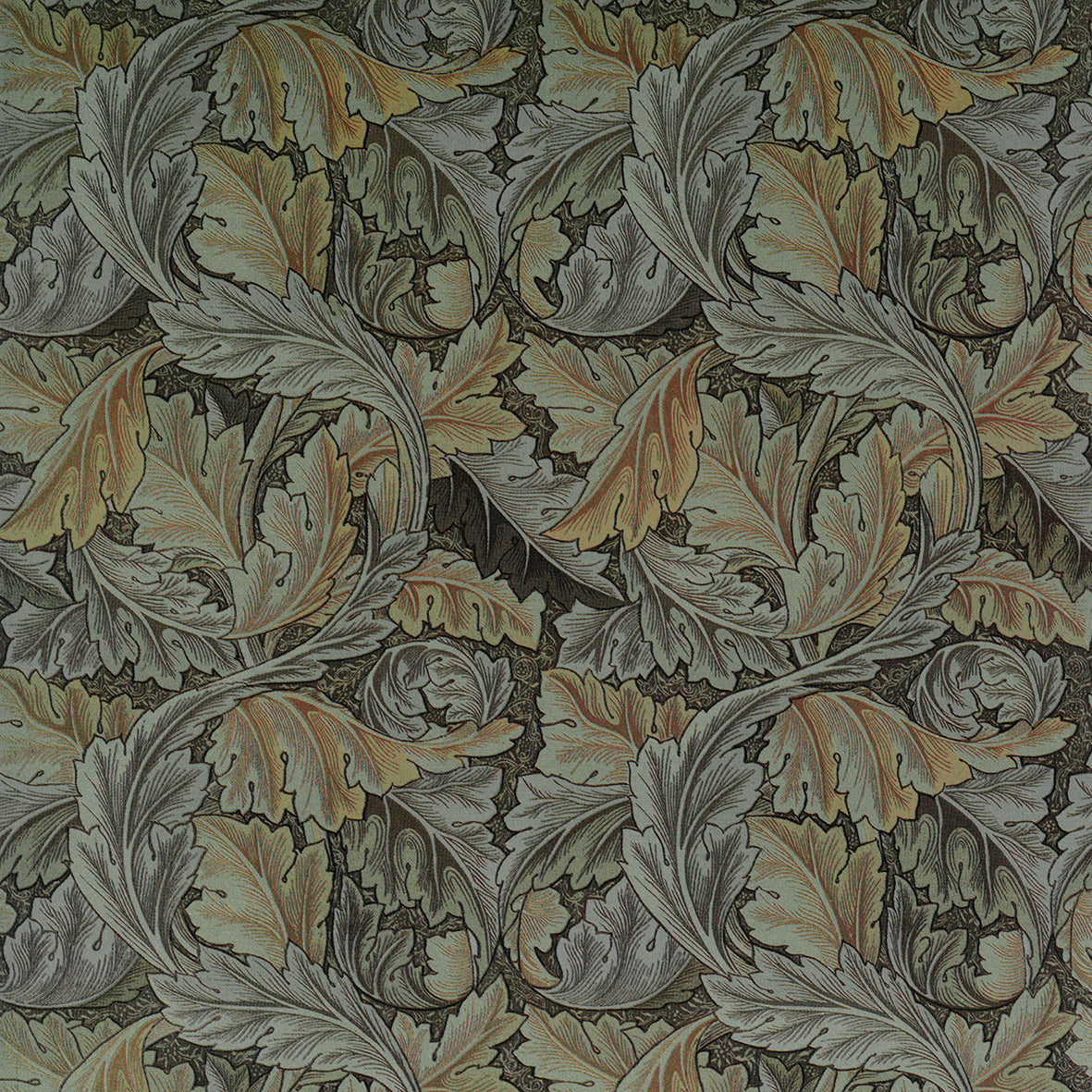 Decorative fabric with intricate leaf pattern in brown, beige, and gray.