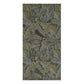 A rectangular textile or wallpaper sample featuring a dense botanical pattern of overlapping leaves in muted gray-green, beige, and warm tan tones on a dark charcoal background.