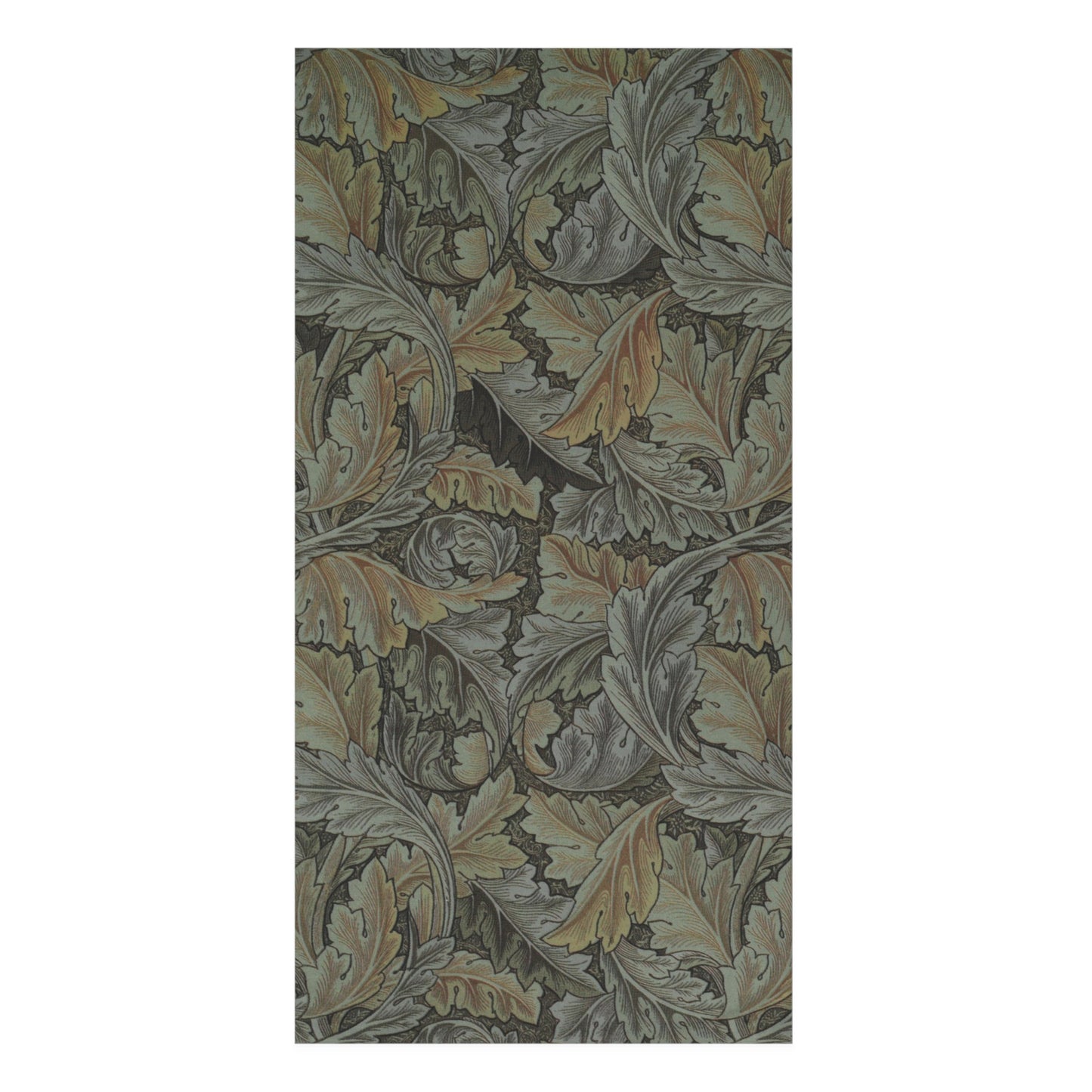 A rectangular textile or wallpaper sample featuring a dense botanical pattern of overlapping leaves in muted gray-green, beige, and warm tan tones on a dark charcoal background.