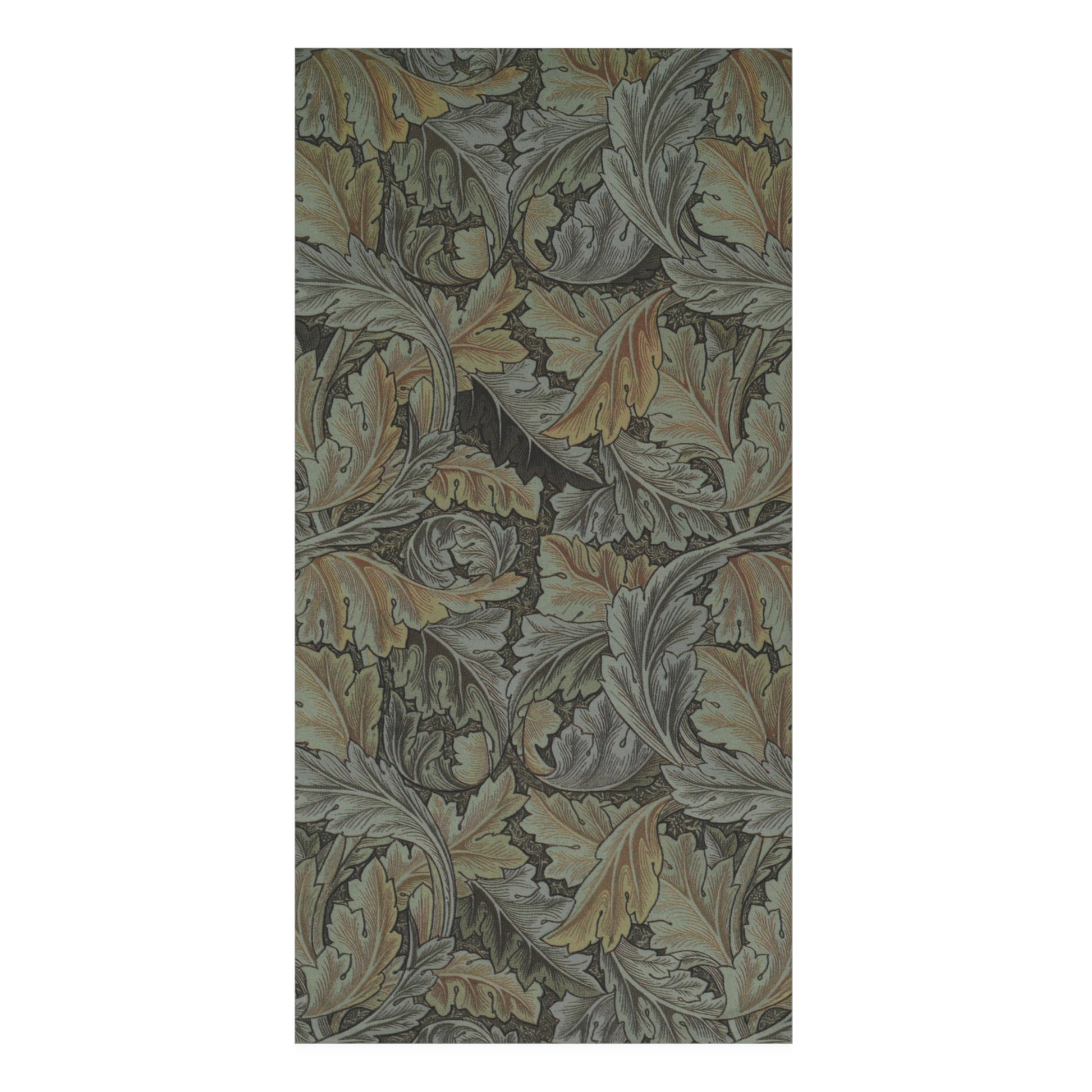 A rectangular textile or wallpaper sample featuring a dense botanical pattern of overlapping leaves in muted gray-green, beige, and warm tan tones on a dark charcoal background.