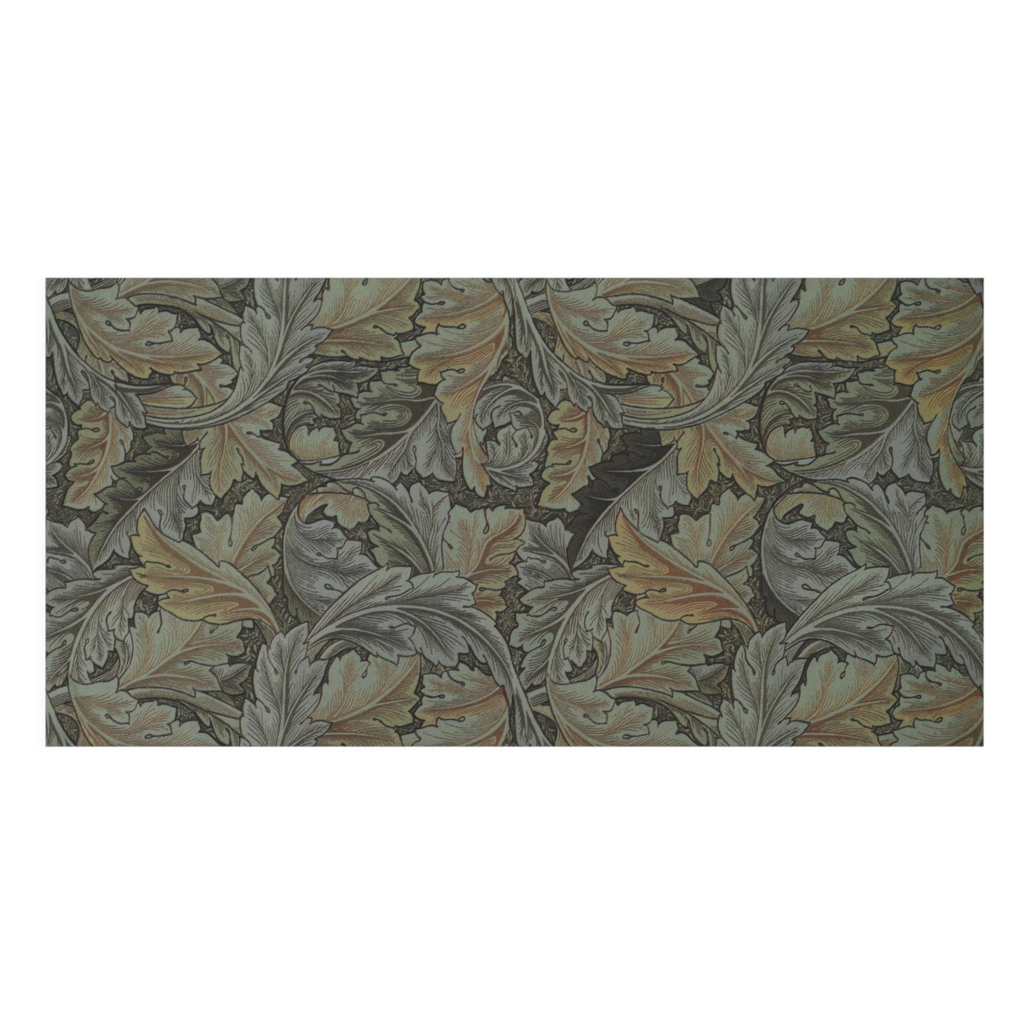 A rectangular area rug featuring a classic William Morris-style acanthus leaf pattern in muted olive green, gray, beige, and brown tones, shown against a plain white background.