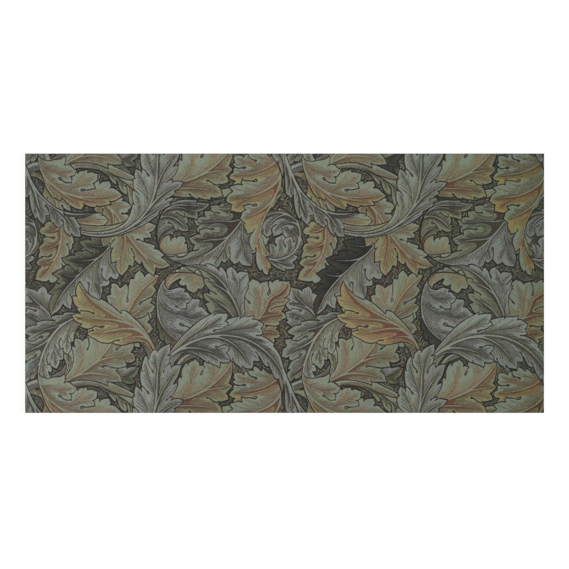 A rectangular area rug featuring a classic William Morris-style acanthus leaf pattern in muted olive green, gray, beige, and brown tones, shown against a plain white background.