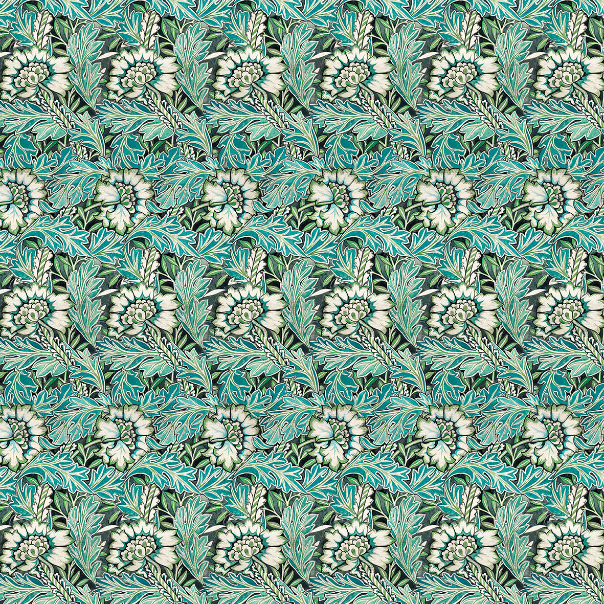 A bath towel with a detailed botanical pattern in teal, green, and white hangs over the edge of a white marble bathroom counter. In the background, a white hexagonal tiled wall is visible, along with a white pump dispenser and a small white cup.