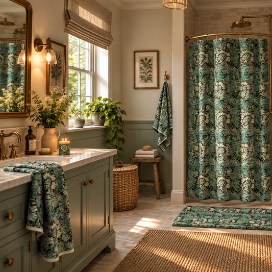 A bath towel with a detailed botanical pattern in teal, green, and white hangs over the edge of a white marble bathroom counter. In the background, a white hexagonal tiled wall is visible, along with a white pump dispenser and a small white cup.