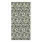 A rectangular bath towel with an all-over floral and leaf pattern in muted green, gray, and off-white, shown flat against a plain white background.