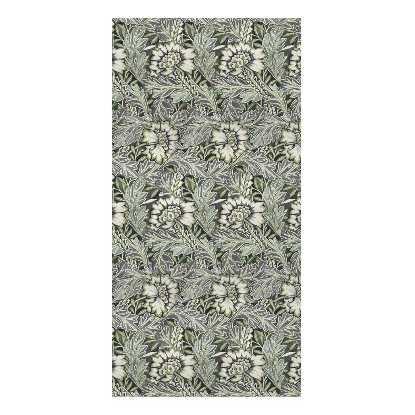 A rectangular bath towel with an all-over floral and leaf pattern in muted green, gray, and off-white, shown flat against a plain white background.