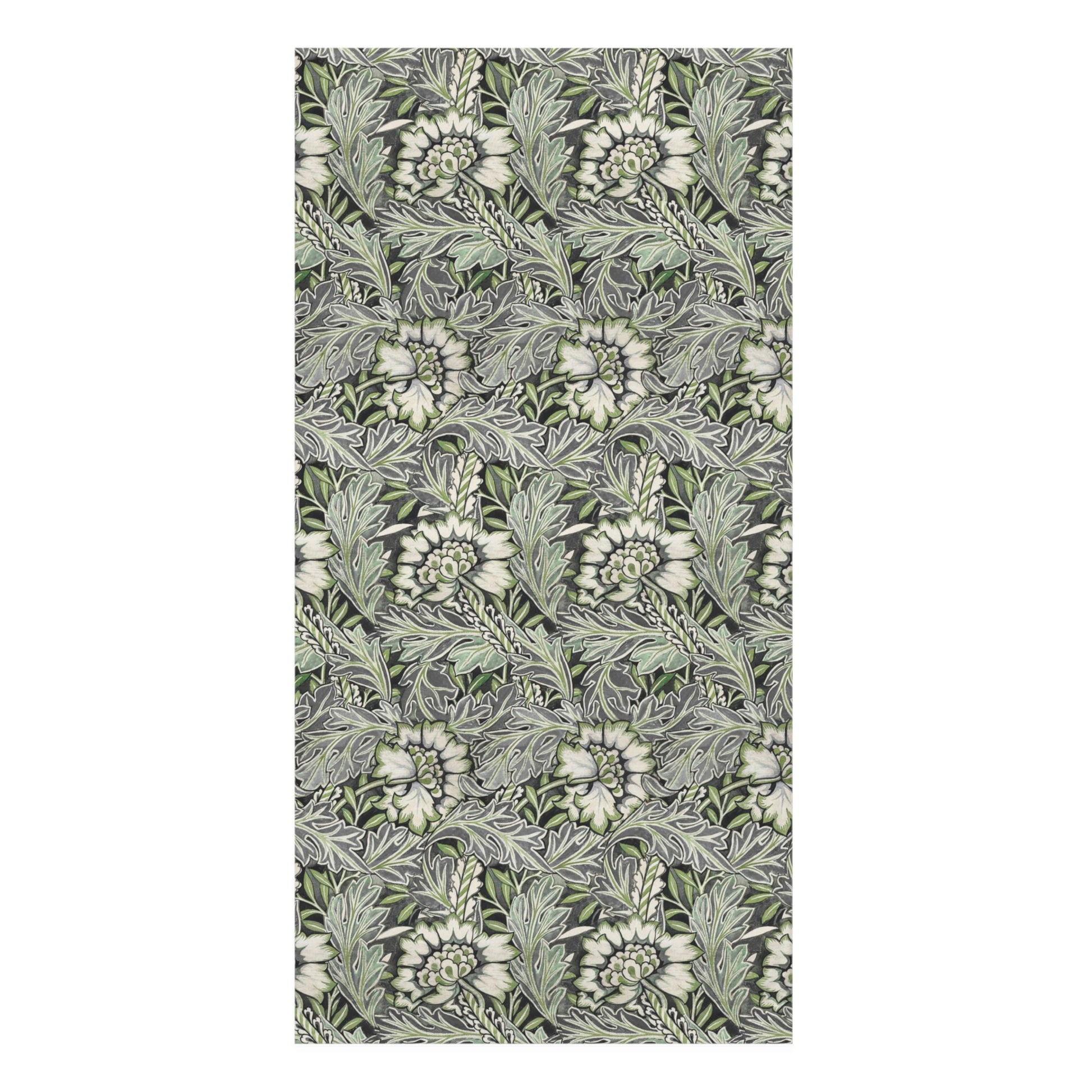 A rectangular bath towel with an all-over floral and leaf pattern in muted green, gray, and off-white, shown flat against a plain white background.