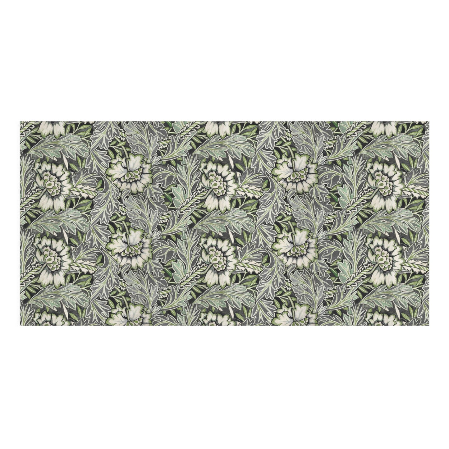 A rectangular fabric or wallpaper sample featuring a dense botanical pattern with white flowers and green leaves on a dark gray background, shown flat against a white backdrop.