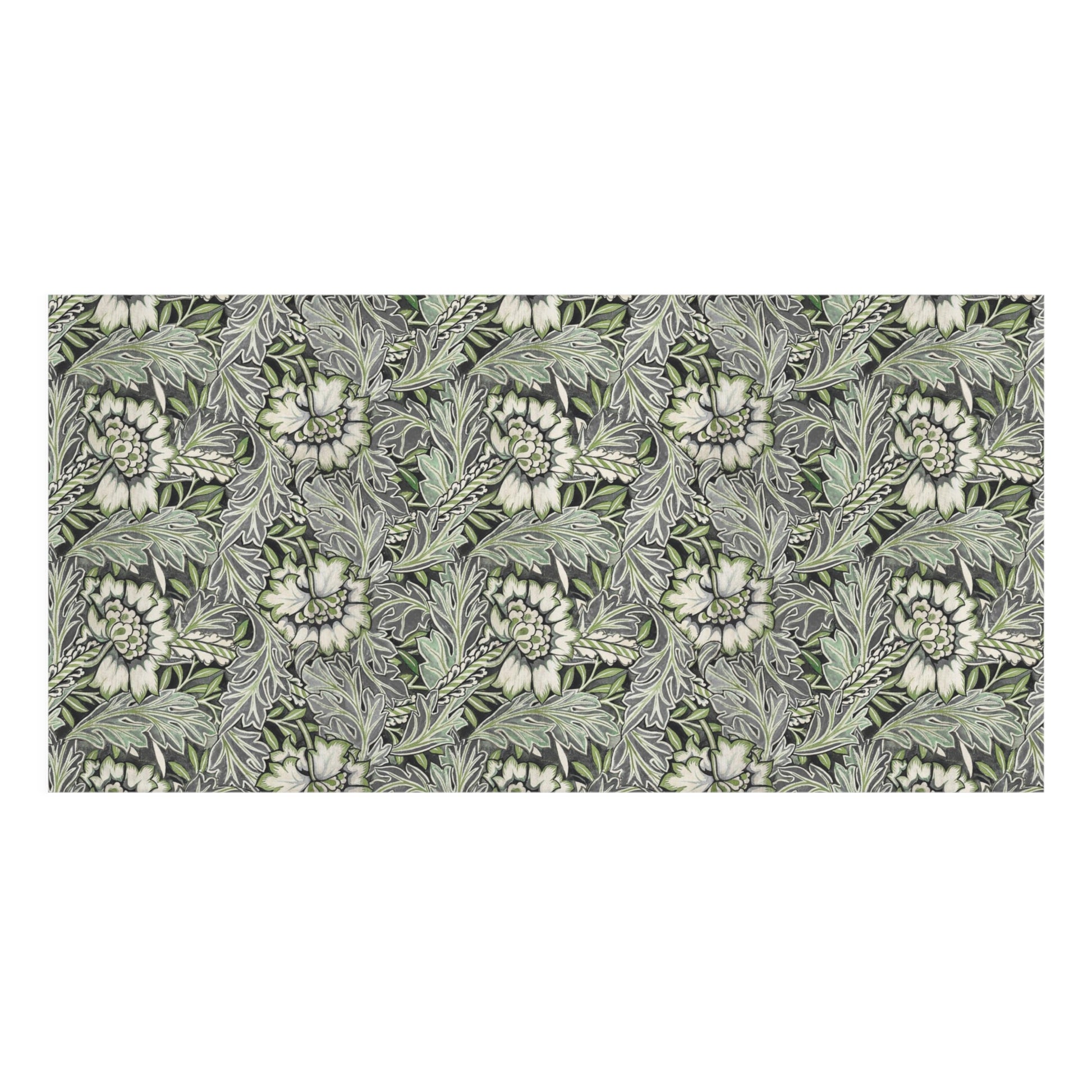 A rectangular fabric or wallpaper sample featuring a dense botanical pattern with white flowers and green leaves on a dark gray background, shown flat against a white backdrop.