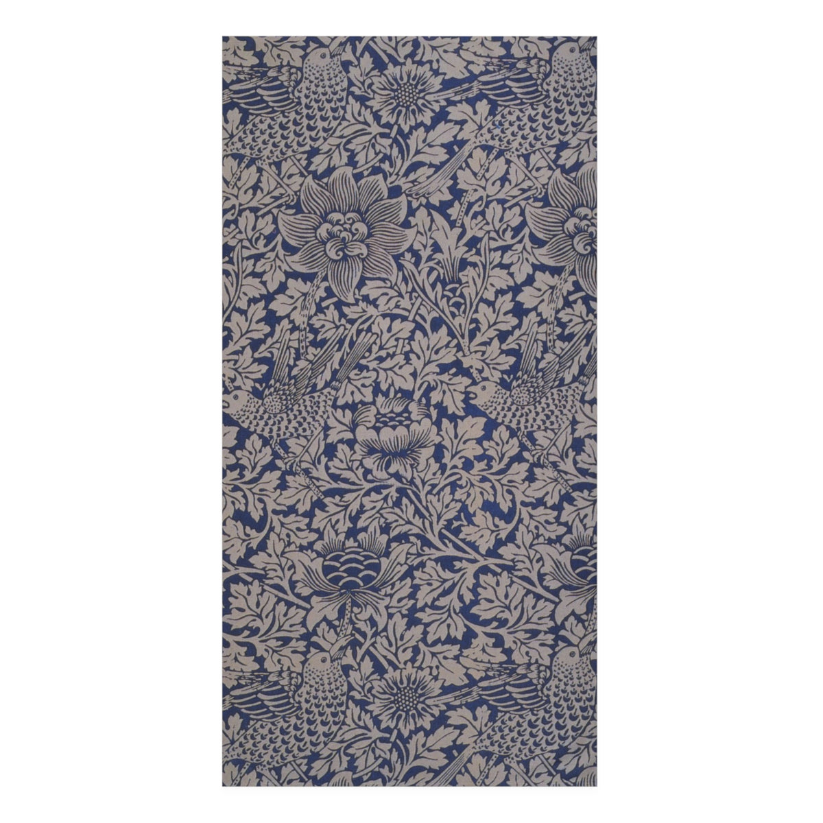 A rectangular bath towel featuring a classic William Morris-style floral and bird pattern in navy blue and warm beige, shown flat against a white background.