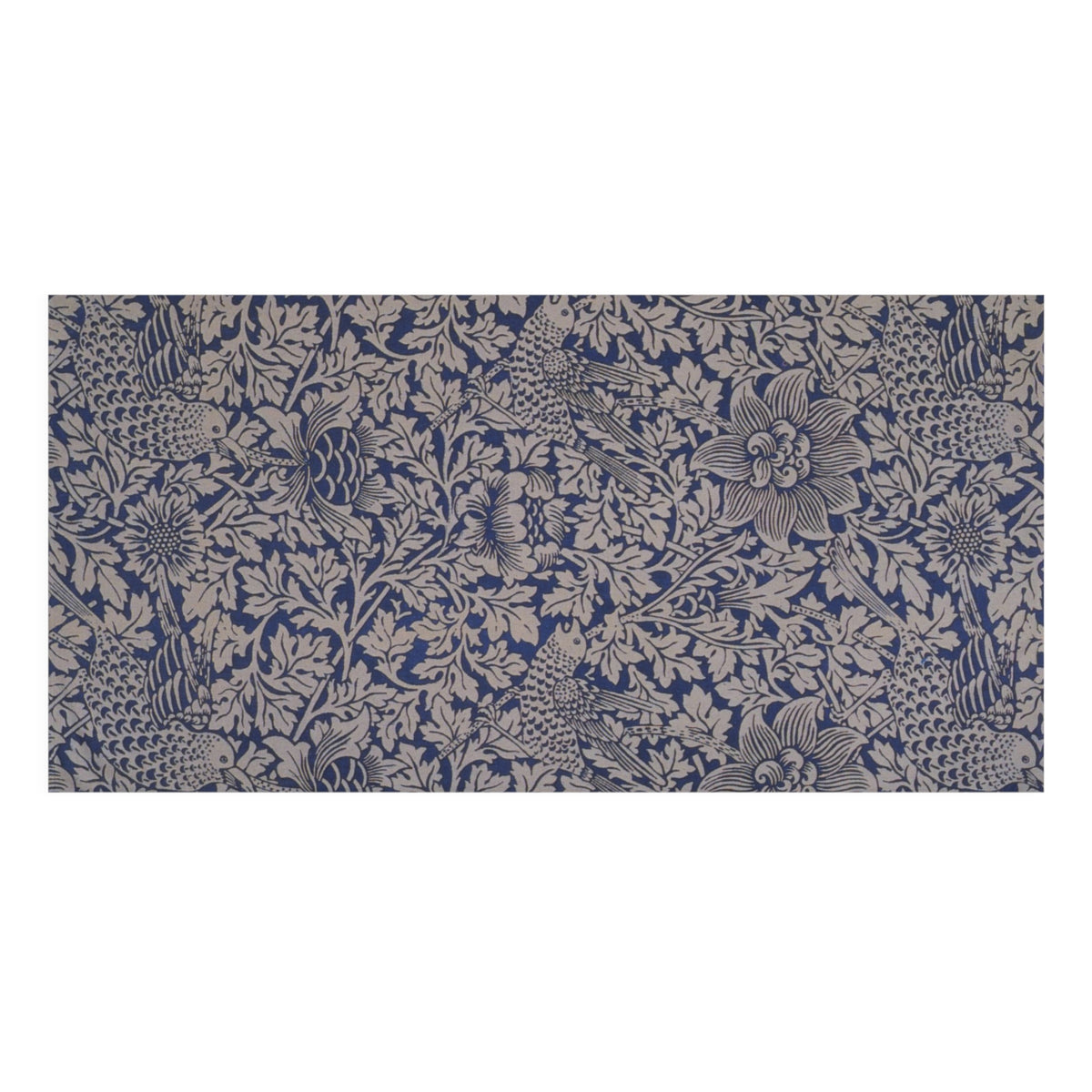 A rectangular bath towel featuring a classic William Morris-style floral and botanical pattern in navy blue and warm beige, shown flat against a white background.