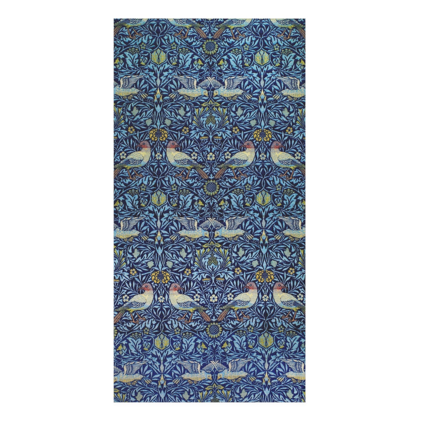 A rectangular bath towel featuring a dense, symmetrical William Morris-style botanical pattern with blue foliage, white birds, and small yellow accents on a white background.