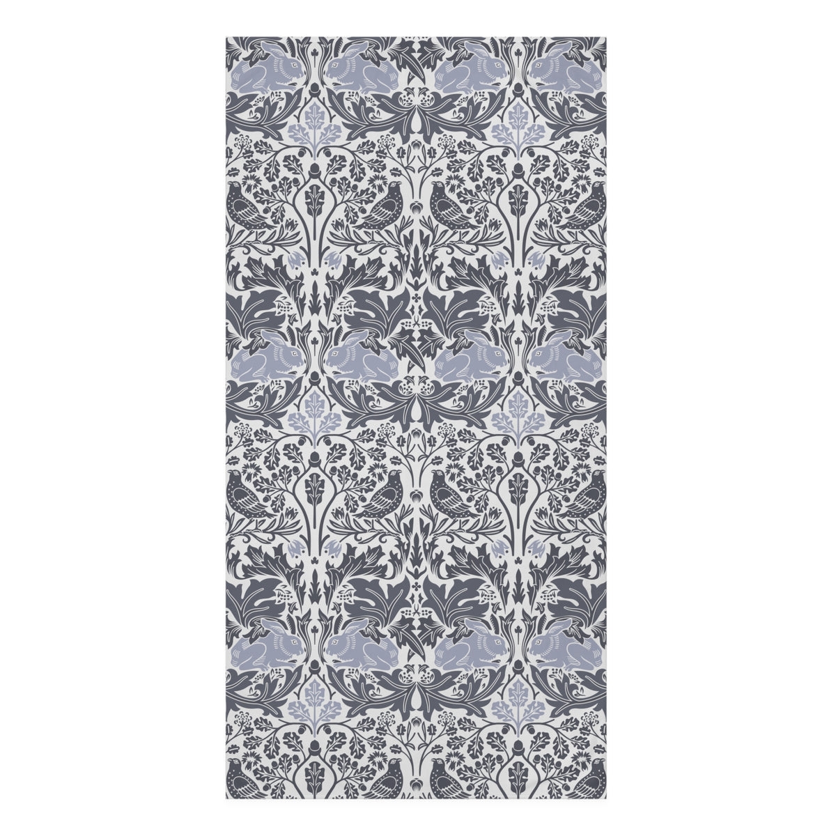 A rectangular bath towel featuring a repeating vertical damask-style pattern in muted blue-gray, charcoal gray, and off-white.