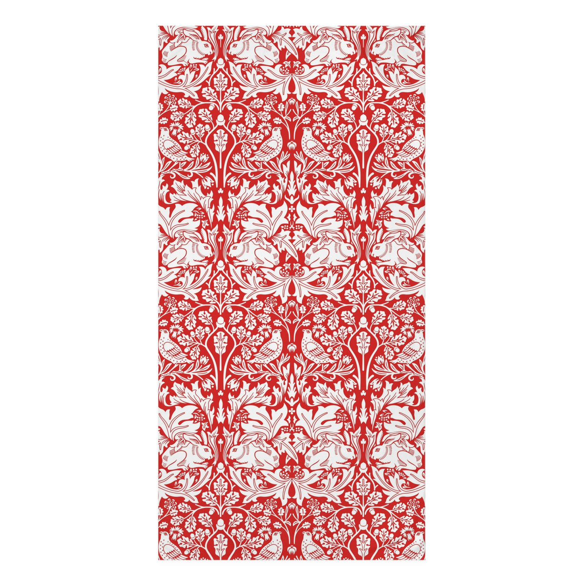 A rectangular bath mat featuring a classic red and white damask pattern, shown flat against a solid white background.