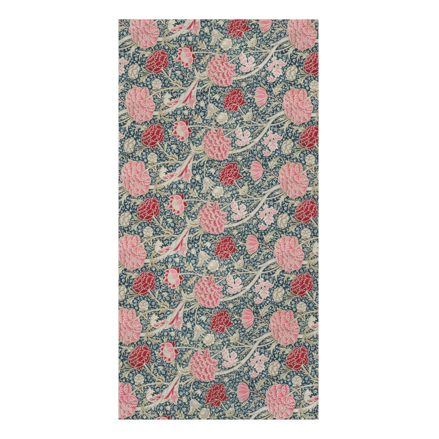 A rectangular towelfeaturing a repeating floral pattern with pink and coral-red flowers, cream blossoms, and pale green stems on a muted blue-gray background.