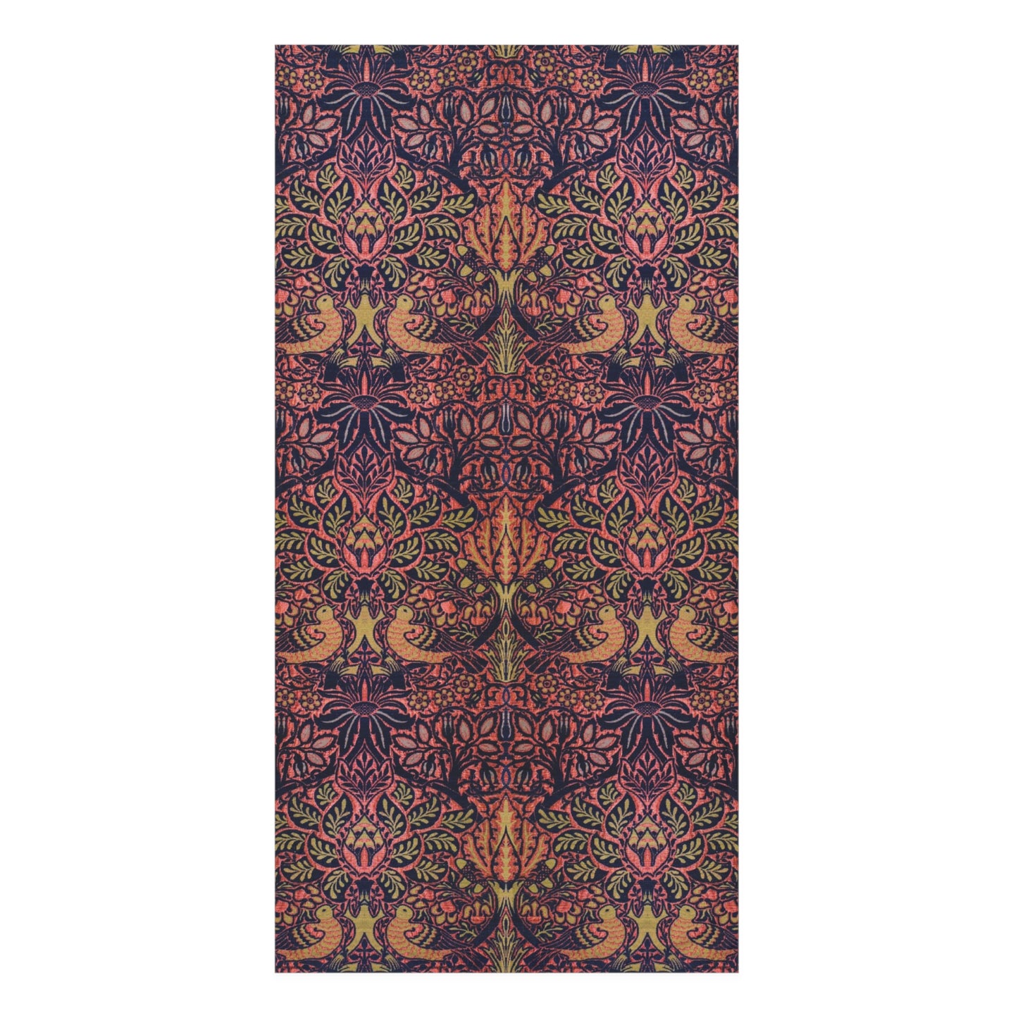 A rectangular area rug featuring a dense, symmetrical botanical and bird pattern in dark navy, coral pink, olive green, and mustard yellow, shown flat against a plain white background.