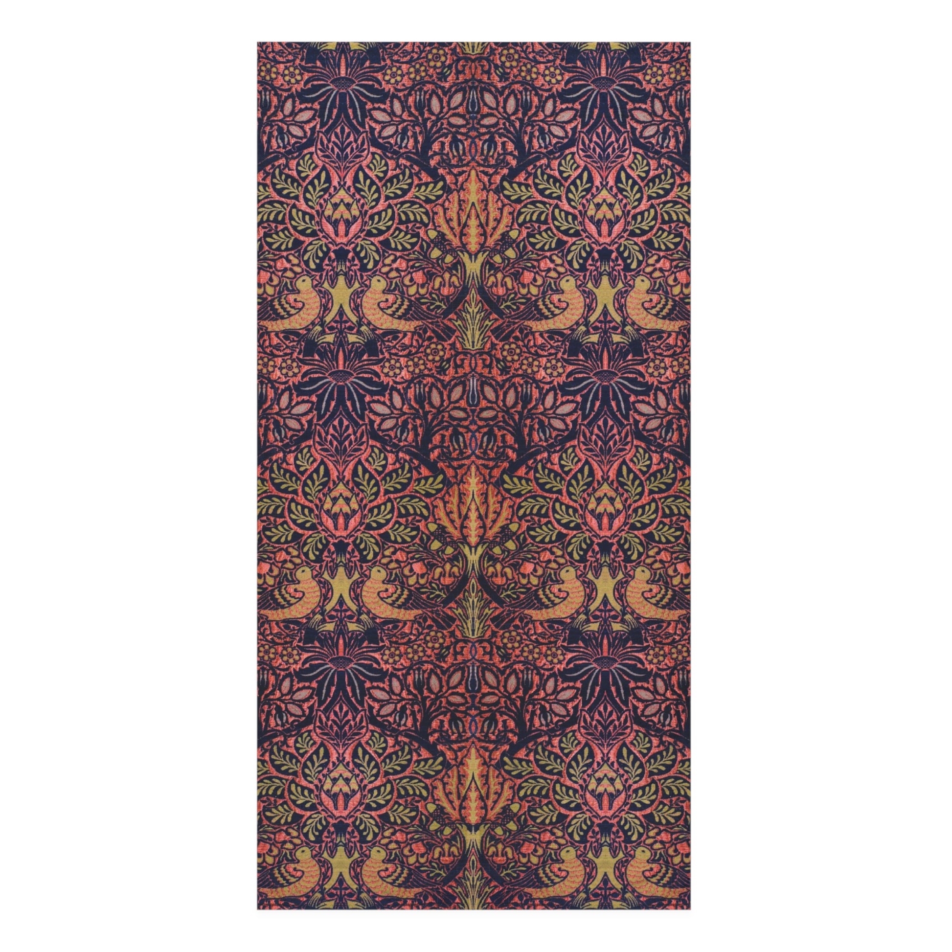 A rectangular area rug featuring a dense, symmetrical botanical and bird pattern in dark navy, coral pink, olive green, and mustard yellow, shown flat against a plain white background.