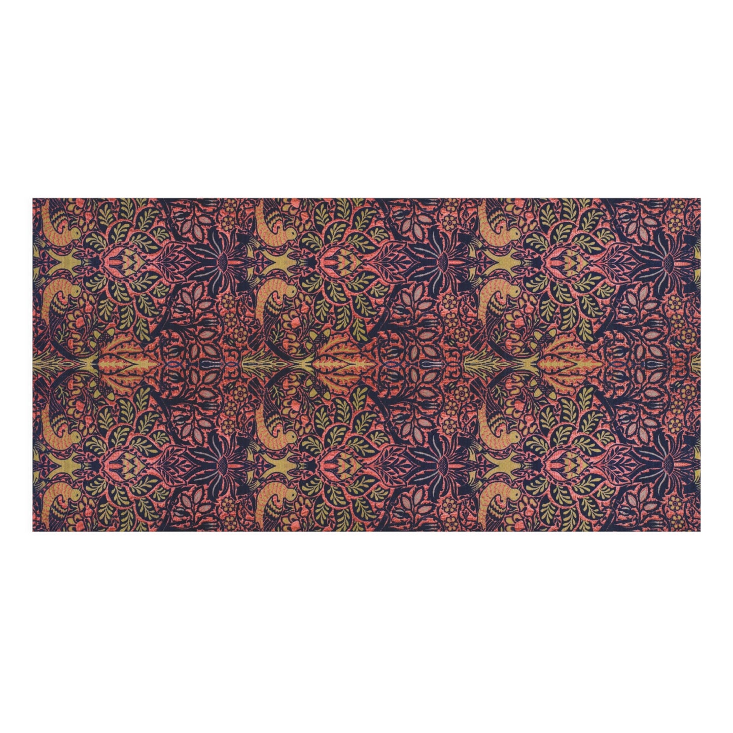 A rectangular area rug featuring a dense, symmetrical botanical and scroll pattern in dark purple, rust orange, sage green, and black.