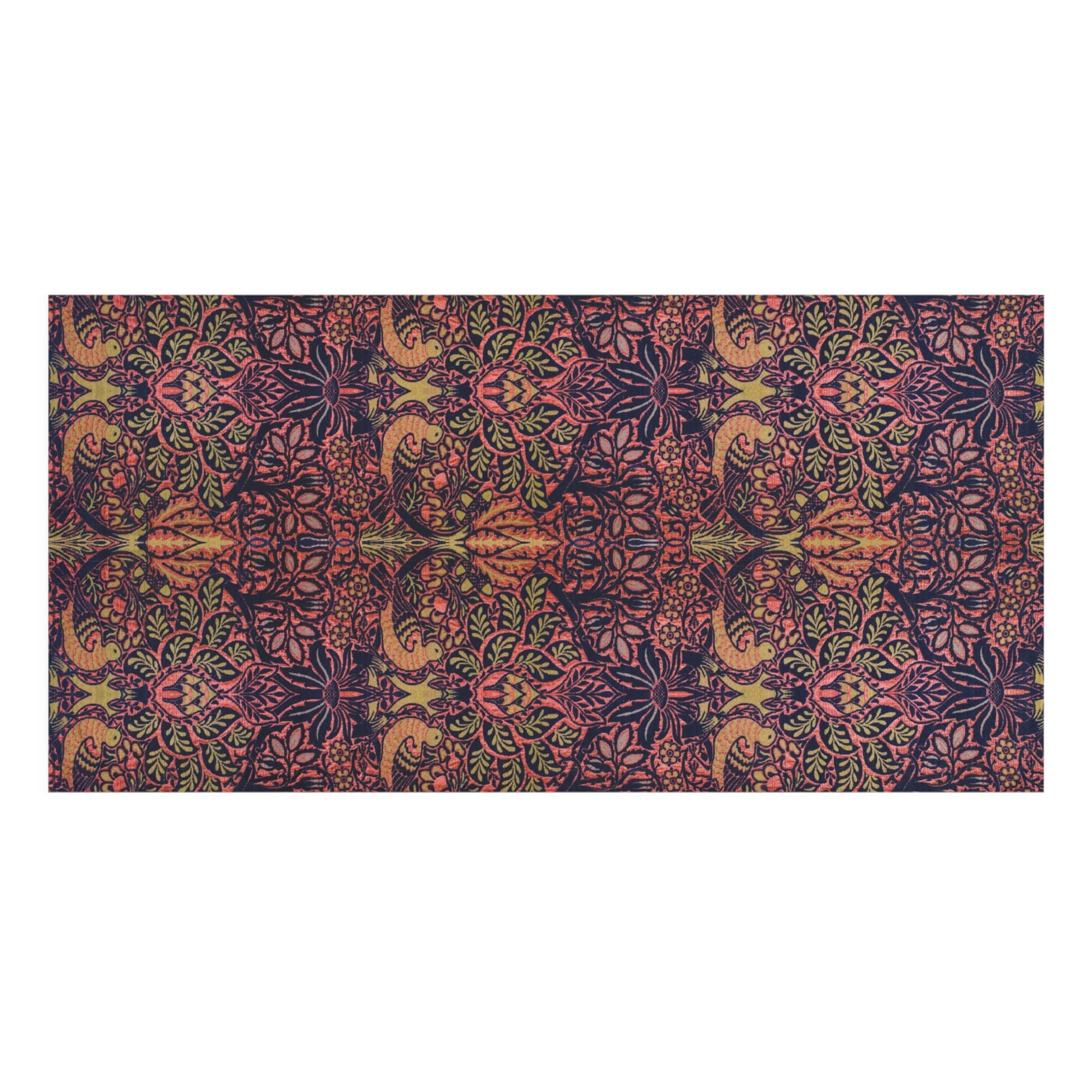 A rectangular area rug featuring a dense, symmetrical botanical and scroll pattern in dark purple, rust orange, sage green, and black.