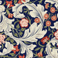 Floral and leaf pattern with red, orange, and green colors on a blue background