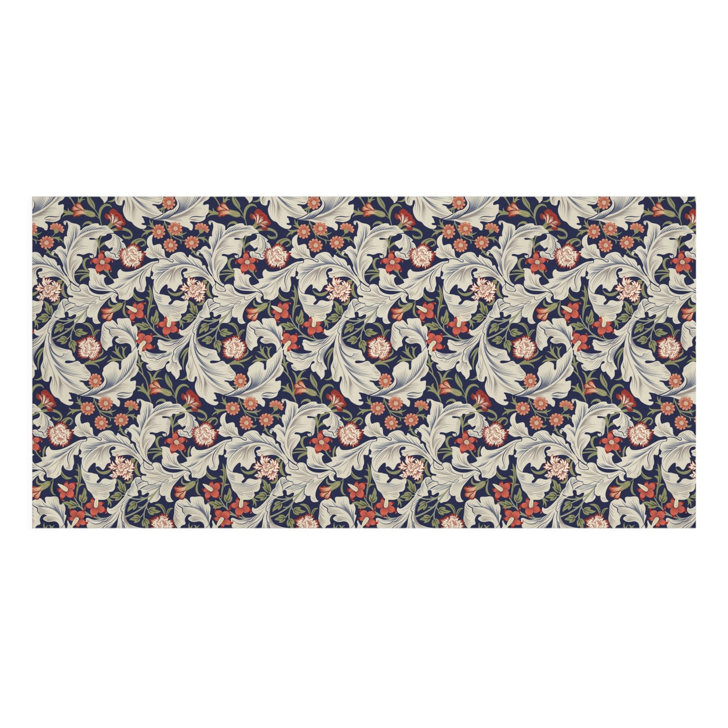 A rectangular bath towel featuring a classic William Morris-style floral and scroll pattern in navy blue, cream, muted red, and olive green, shown against a plain white background.