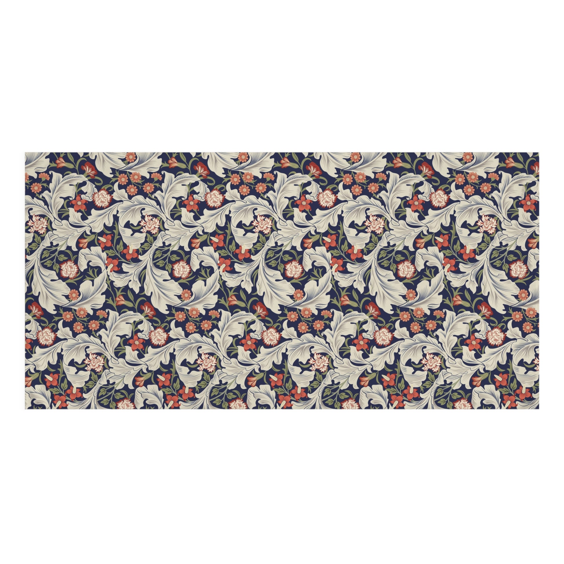 A rectangular bath towel featuring a classic William Morris-style floral and scroll pattern in navy blue, cream, muted red, and olive green, shown against a plain white background.