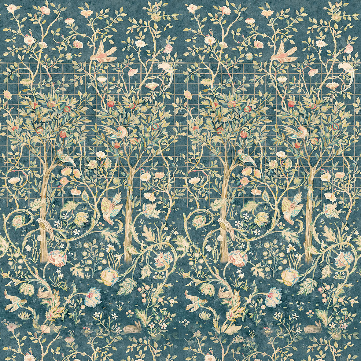 Floral and tree pattern on a blue background