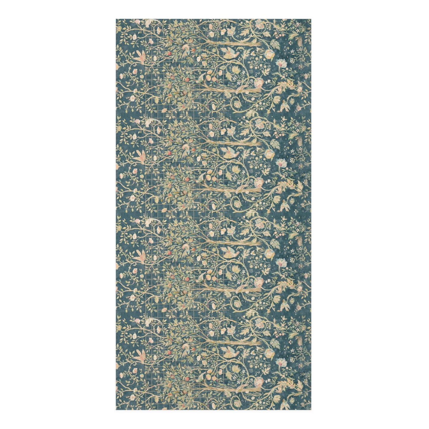 A vertical rectangular area rug featuring a classic William Morris-style floral and bird pattern in muted teal blue, beige, and cream tones, shown against a plain white background.