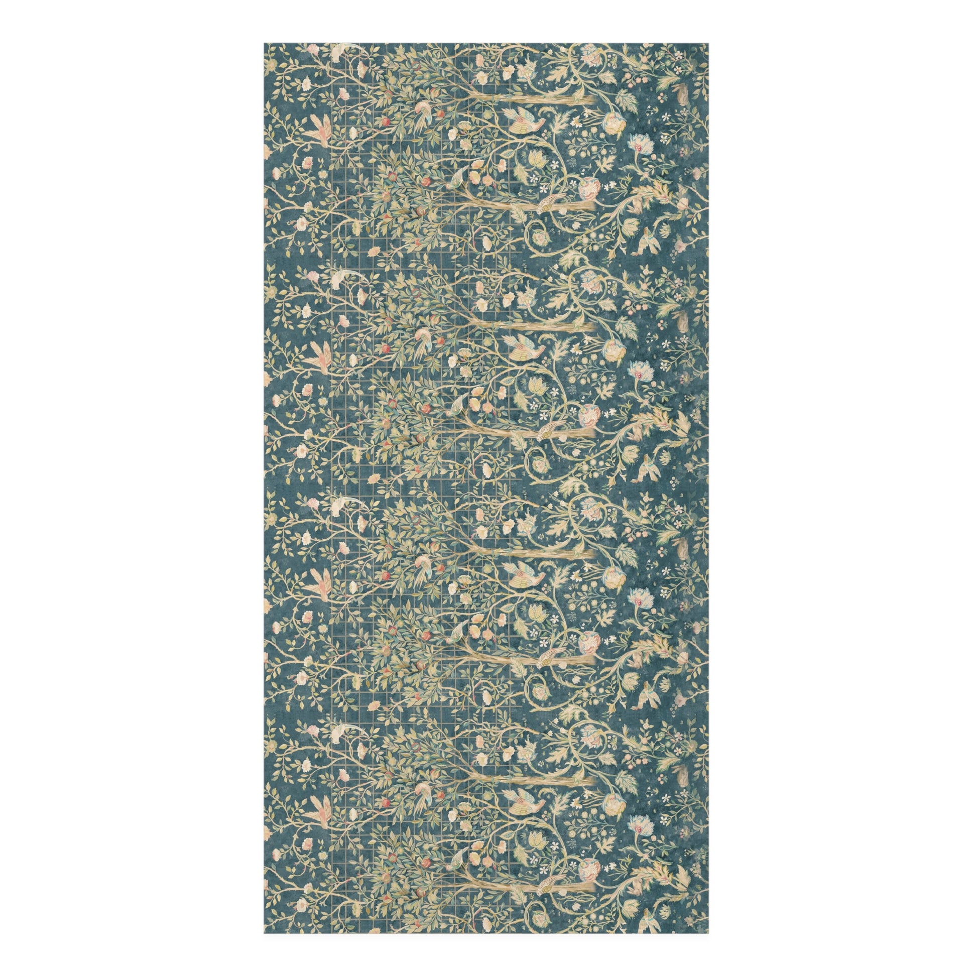 A vertical rectangular area rug featuring a classic William Morris-style floral and bird pattern in muted teal blue, beige, and cream tones, shown against a plain white background.
