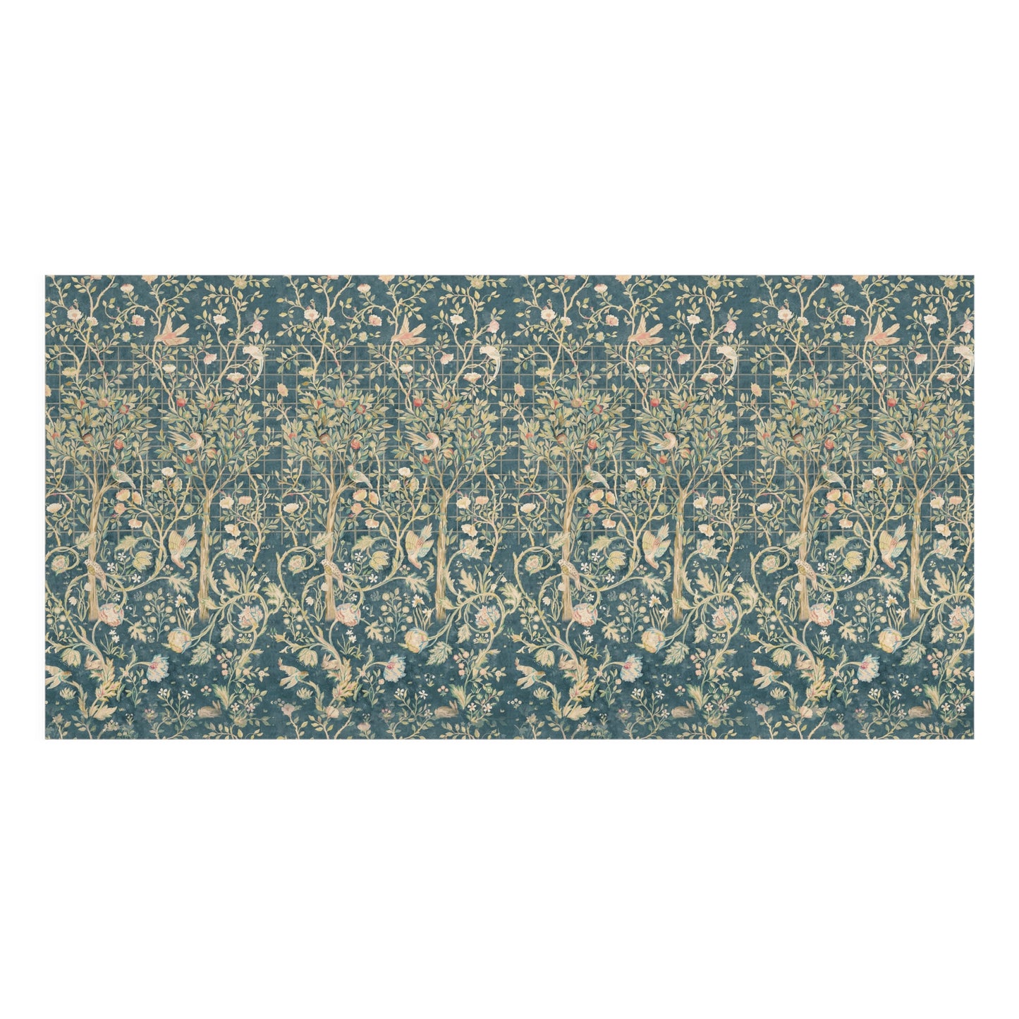 A rectangular textile or wallpaper sample featuring a dense botanical and bird pattern in muted teal, beige, and soft blue tones, shown against a plain white background.