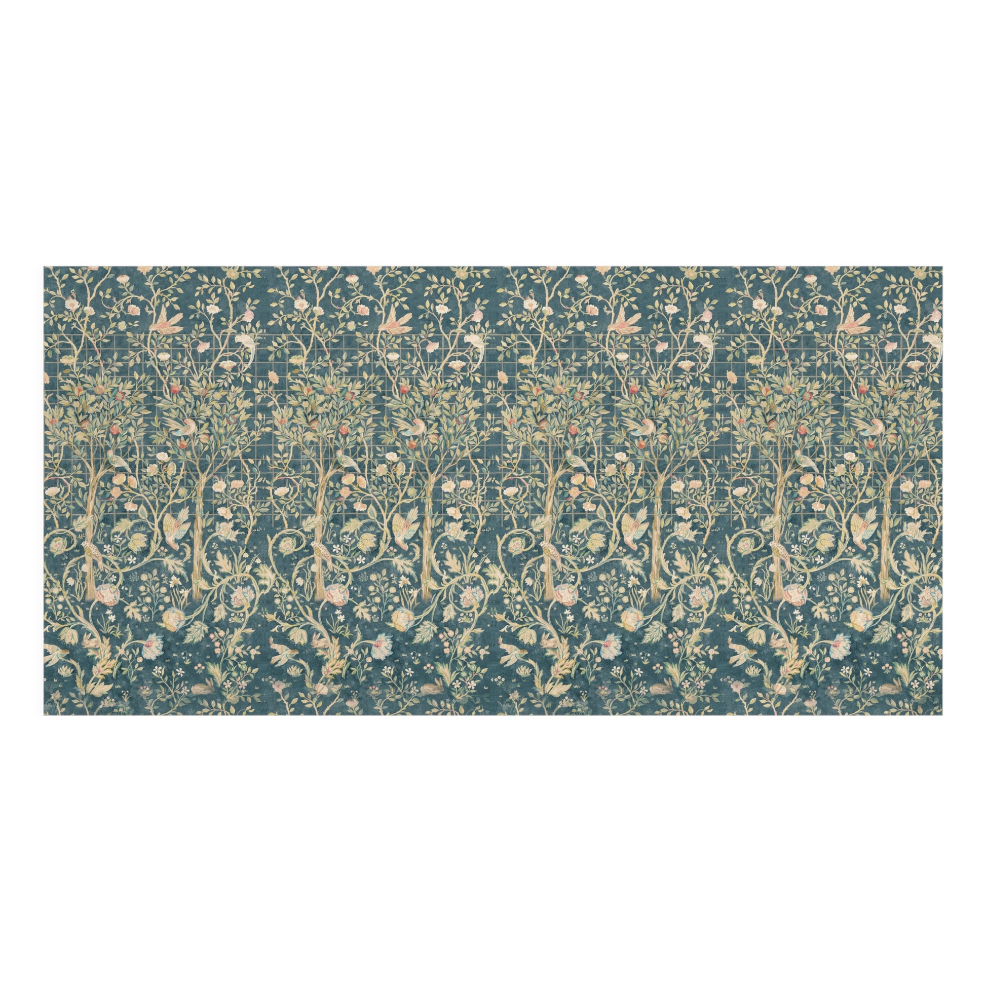 A rectangular textile or wallpaper sample featuring a dense botanical and bird pattern in muted teal, beige, and soft blue tones, shown against a plain white background.