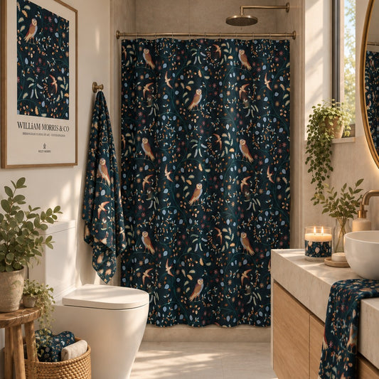 A bathroom scene featuring a dark navy shower curtain and matching bath towel with a whimsical pattern of small birds, flowers, and leaves in muted orange, beige, and light blue. A matching decorative candle sits on the counter, and a framed William Morris print hangs on the wall.