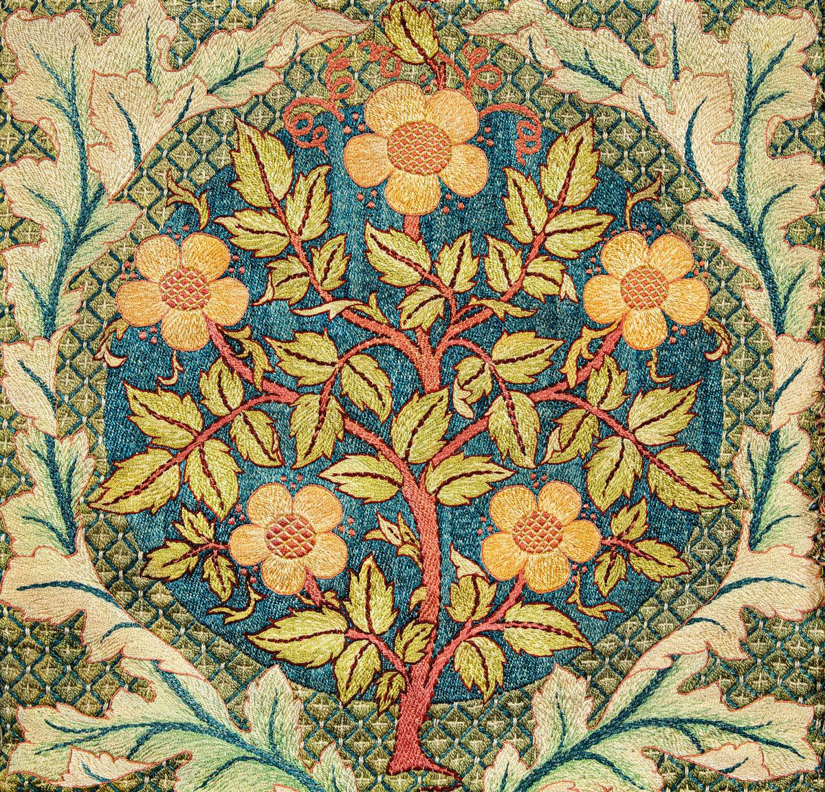 Decorative fabric pattern with flowers and leaves on a textured background