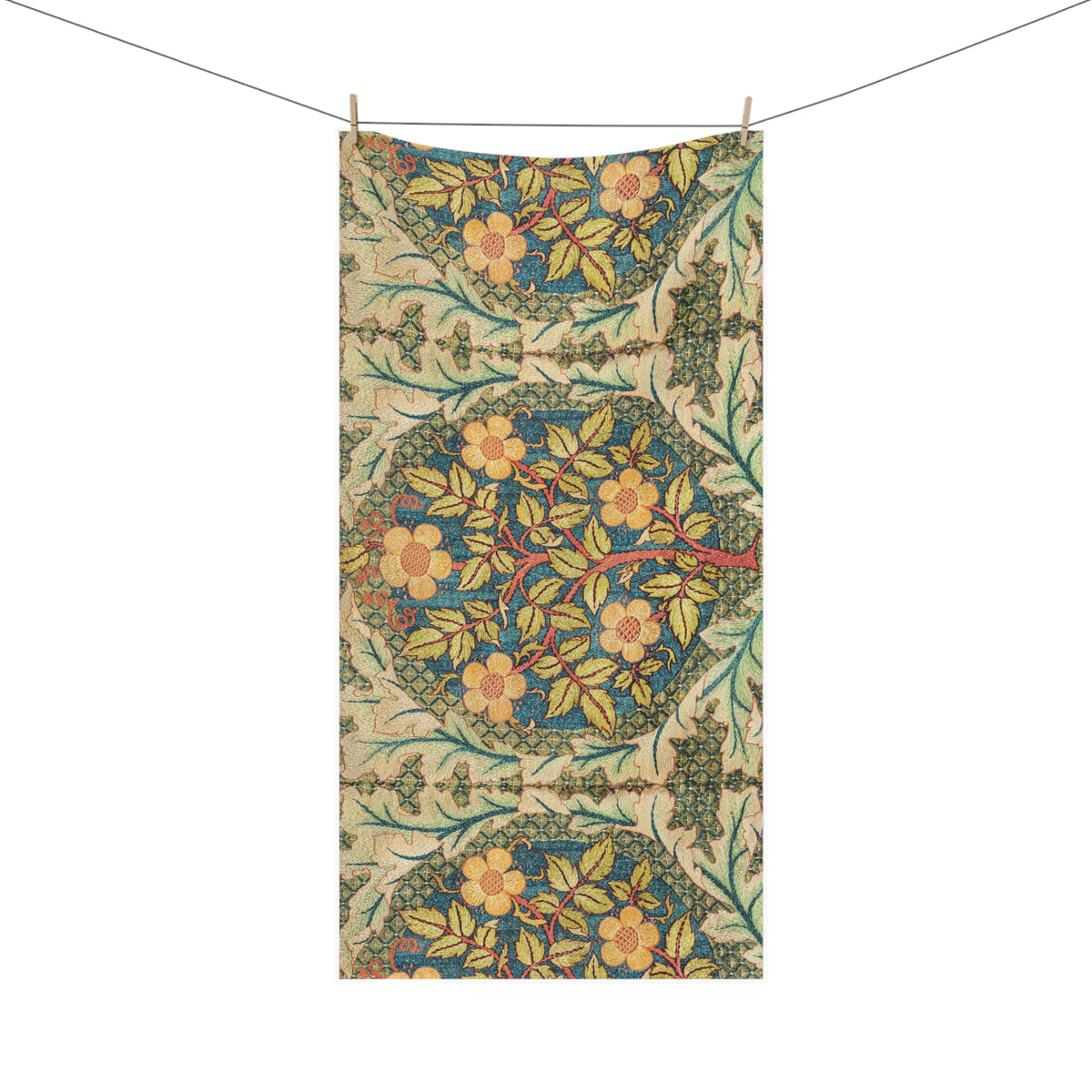 A rectangular textile hanging from a string with two wooden clips, featuring a vintage botanical pattern with yellow flowers, green leaves, and blue accents on a cream background.