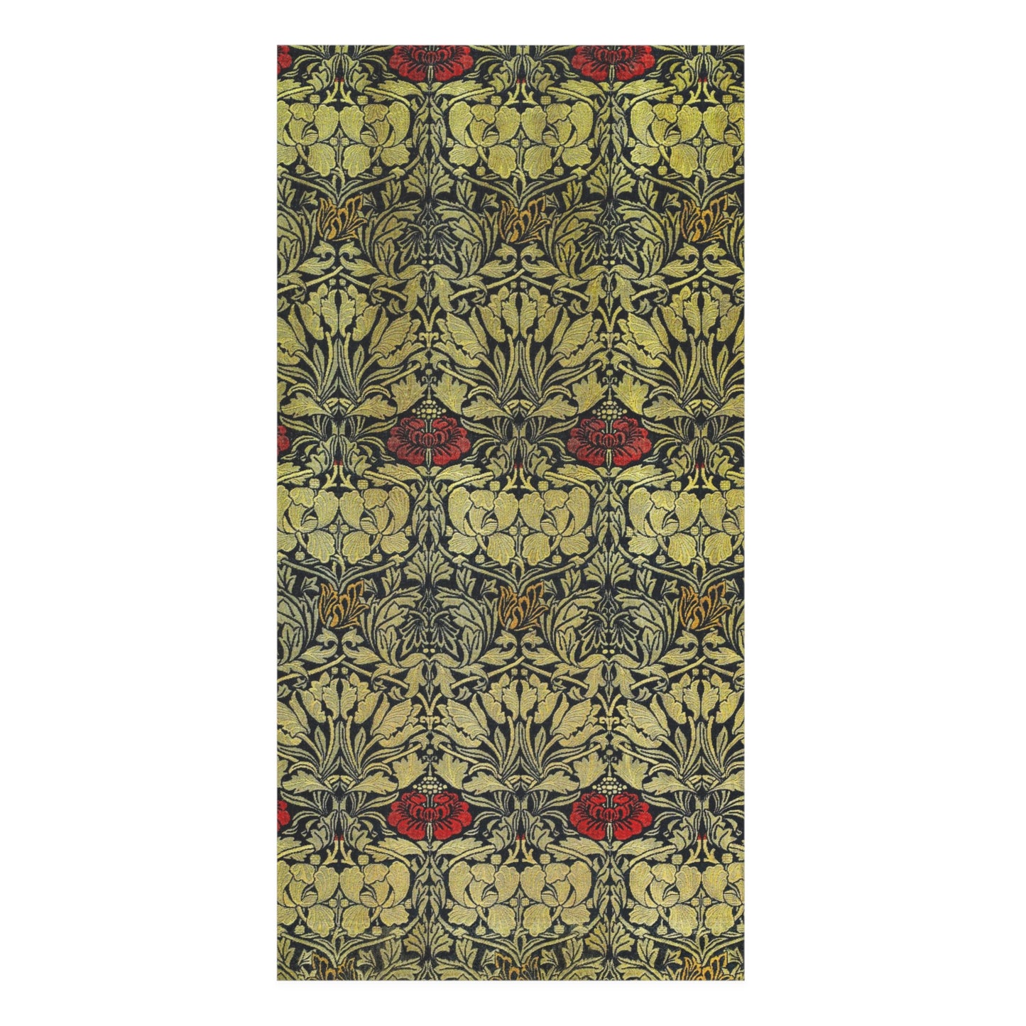 A rectangular bath towel featuring an ornate repeating Art Nouveau-style floral pattern in muted olive green, black, and red, shown flat against a plain white background.
