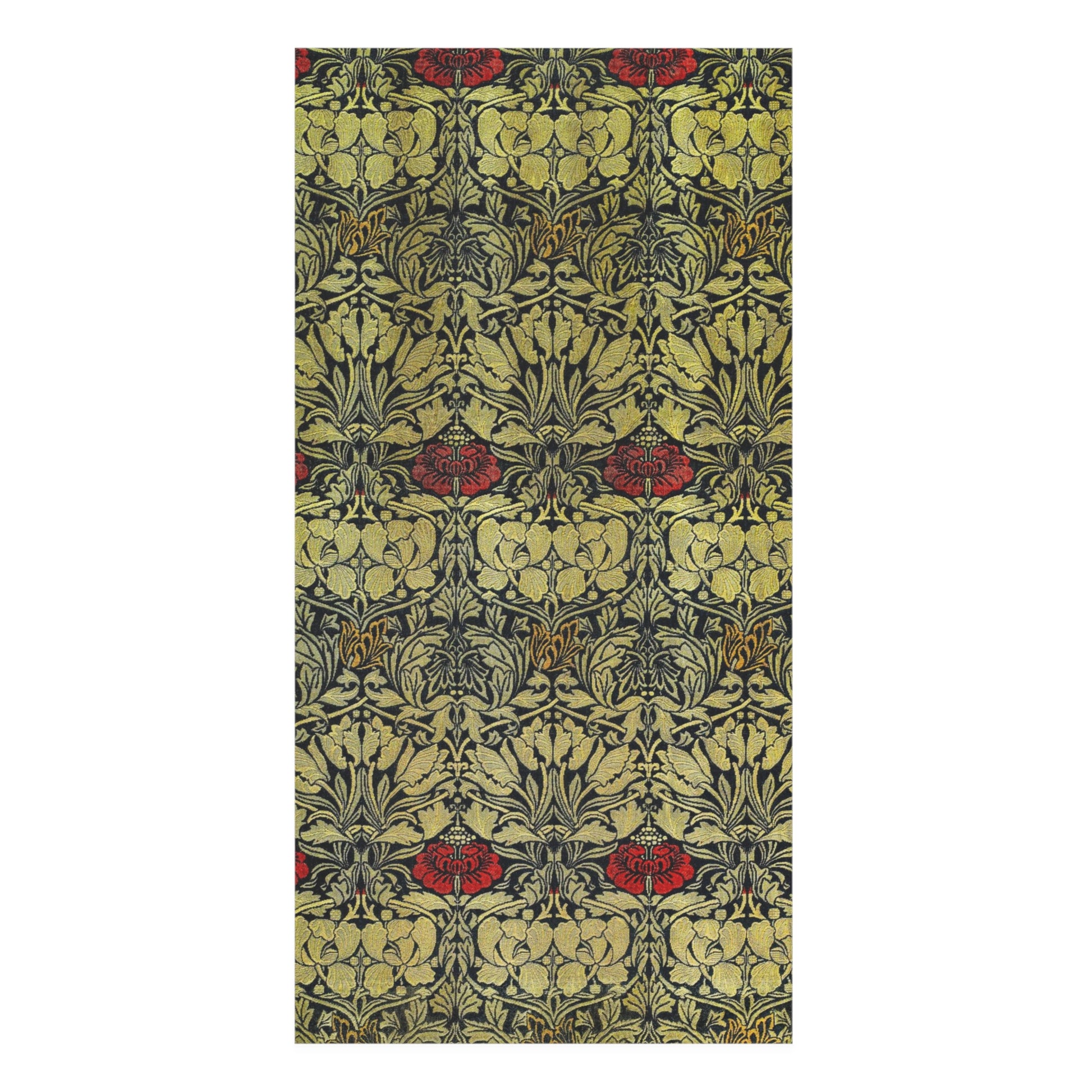 A rectangular bath towel featuring an ornate repeating Art Nouveau-style floral pattern in muted olive green, black, and red, shown flat against a plain white background.