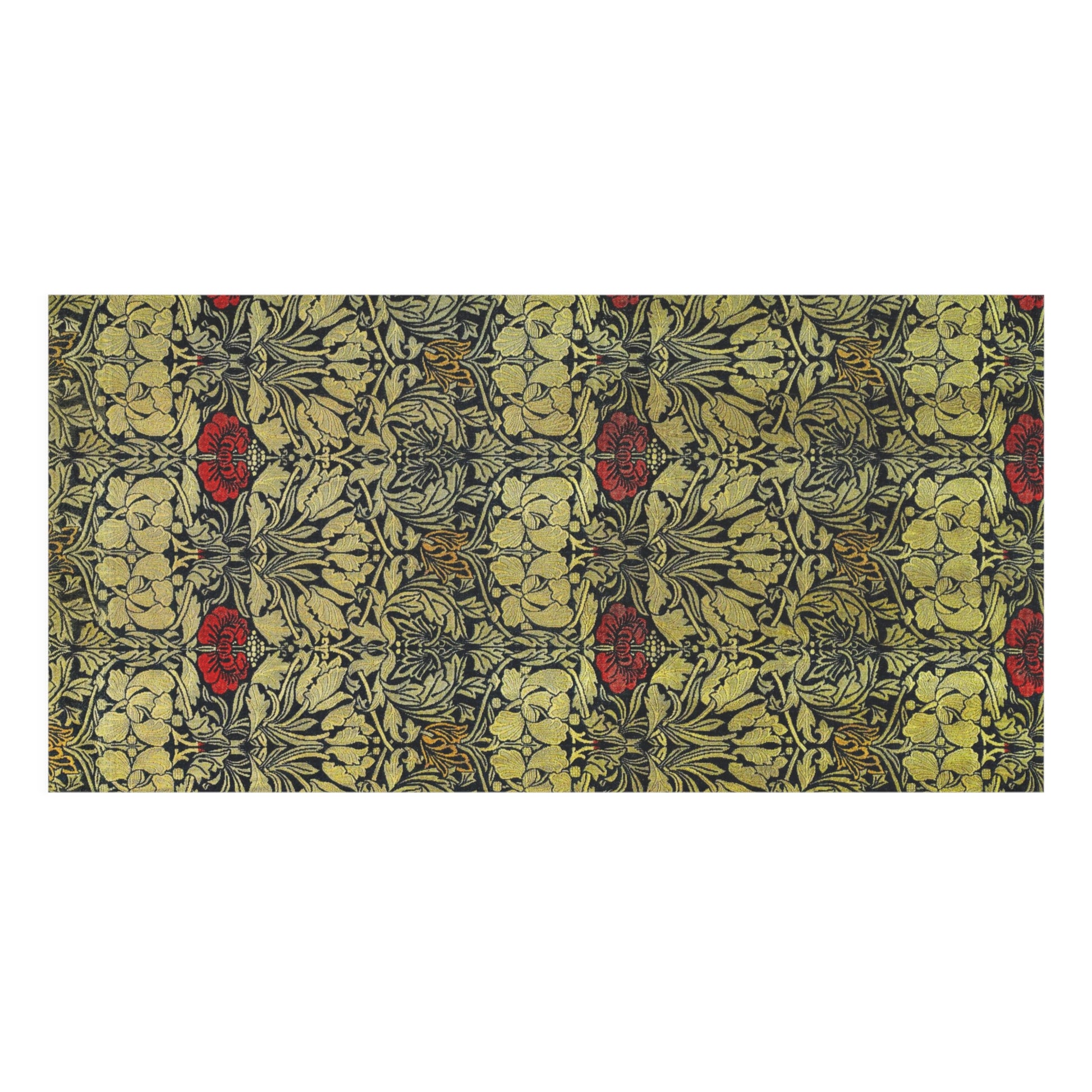 A rectangular bath towel with an intricate vintage floral pattern in olive green, black, and red, shown flat against a white background.