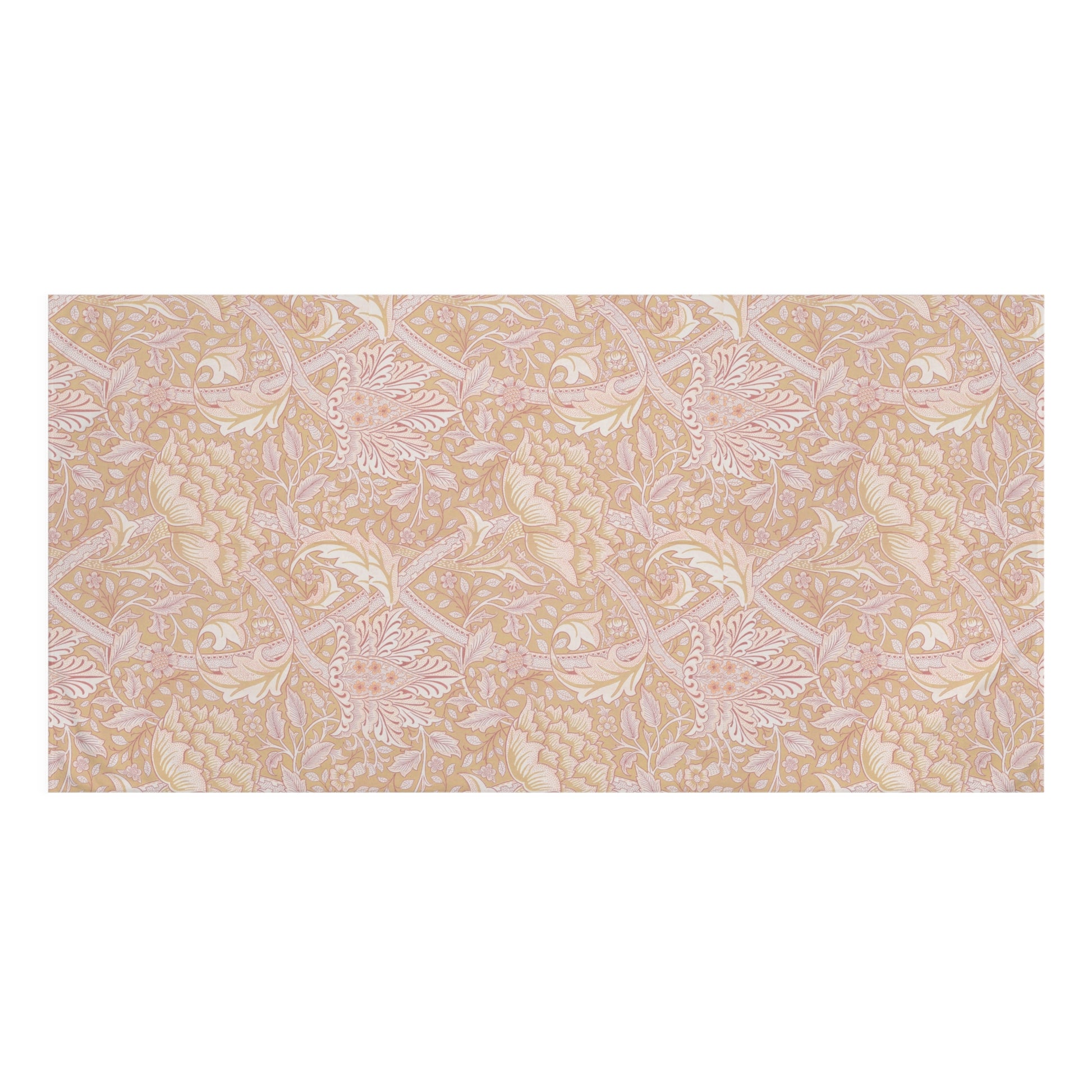 A rectangular textile or wallpaper sample with a repeating floral and vine pattern in soft blush pink, beige, and cream tones, shown against a plain white background.