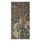 A vertical textile or rug featuring a detailed vintage-style illustration of a tree with birds, leaves, and small red-orange fruits, shown centered on a plain white background.