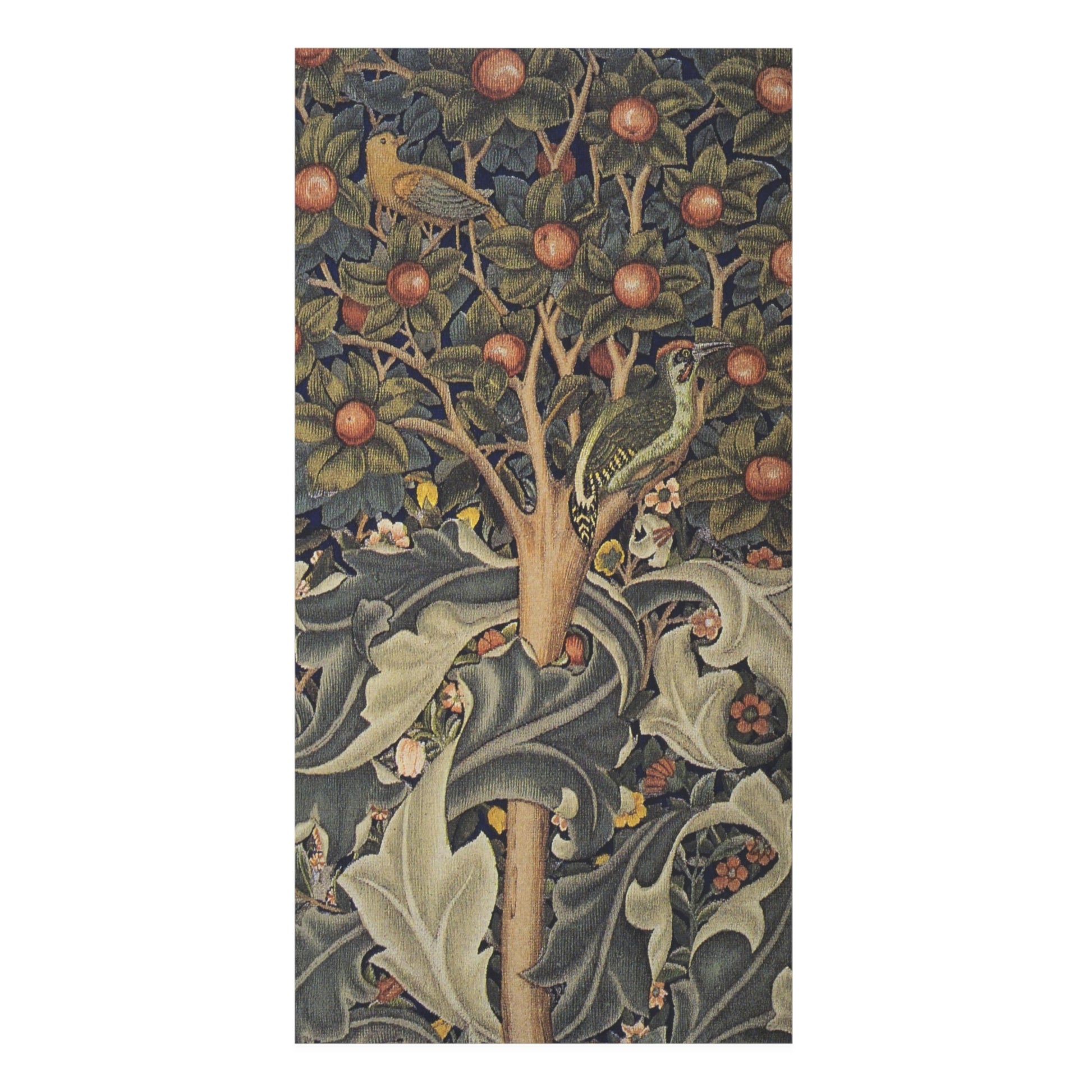 A vertical textile or rug featuring a detailed vintage-style illustration of a tree with birds, leaves, and small red-orange fruits, shown centered on a plain white background.
