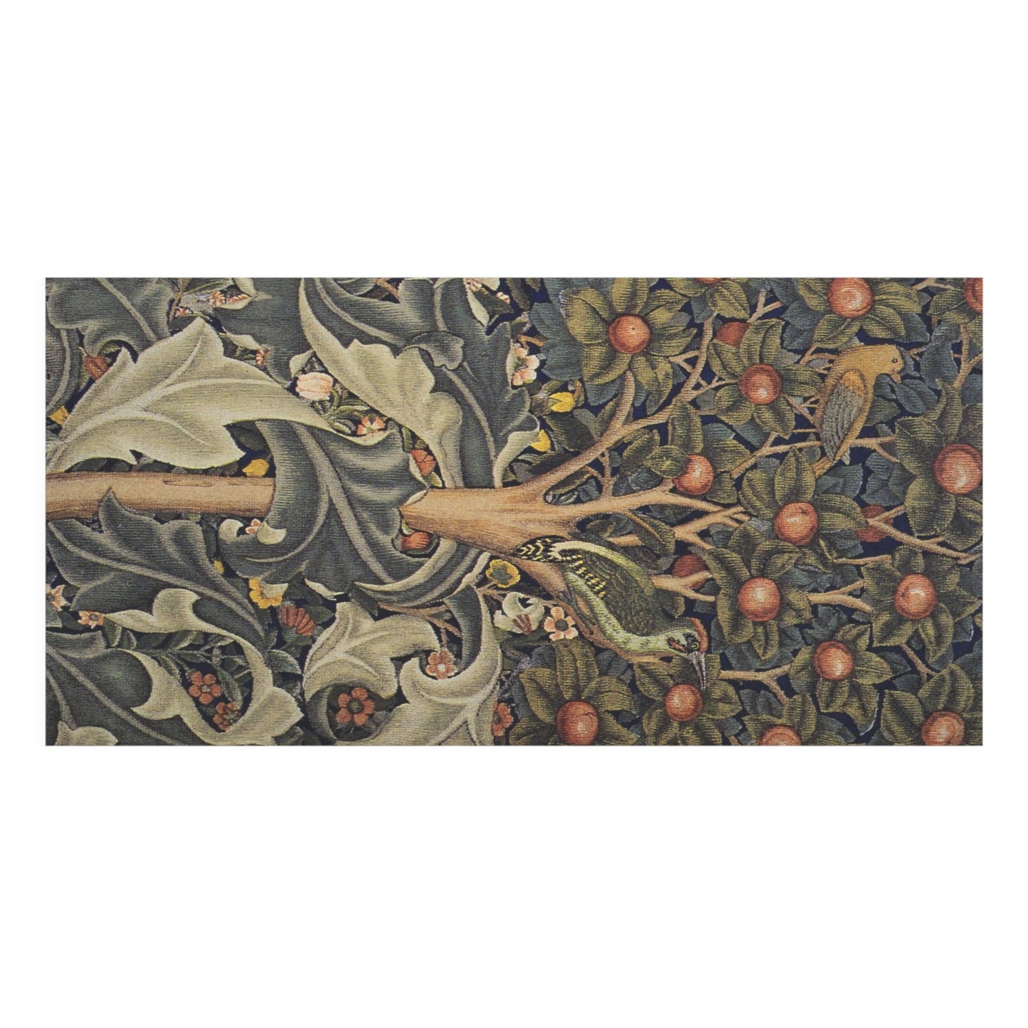 A rectangular art print featuring a detailed vintage-style botanical and bird illustration with green leaves, red berries, and two small birds on a dark blue background.