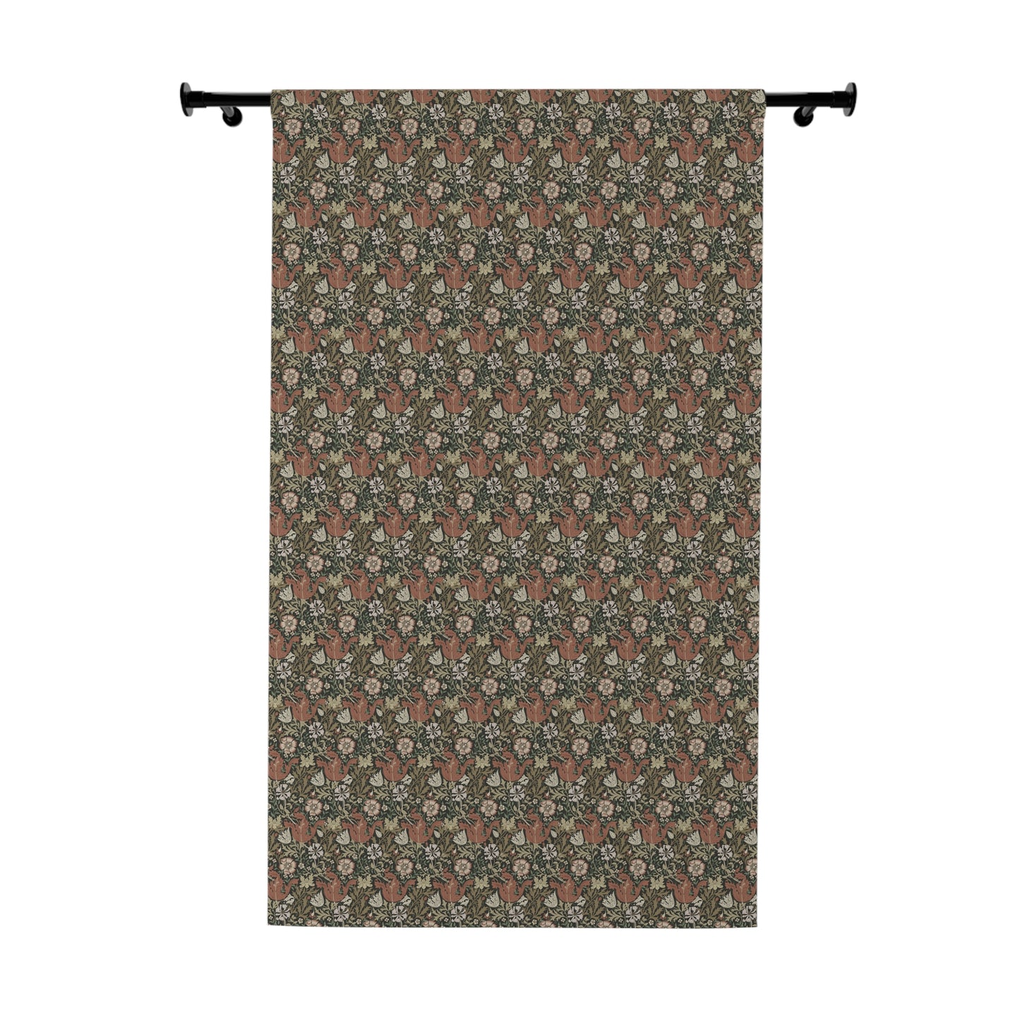 Floral patterned curtain hanging on a rod against a white background