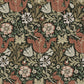 Patterned fabric with floral and leaf design in brown, green, and beige tones.