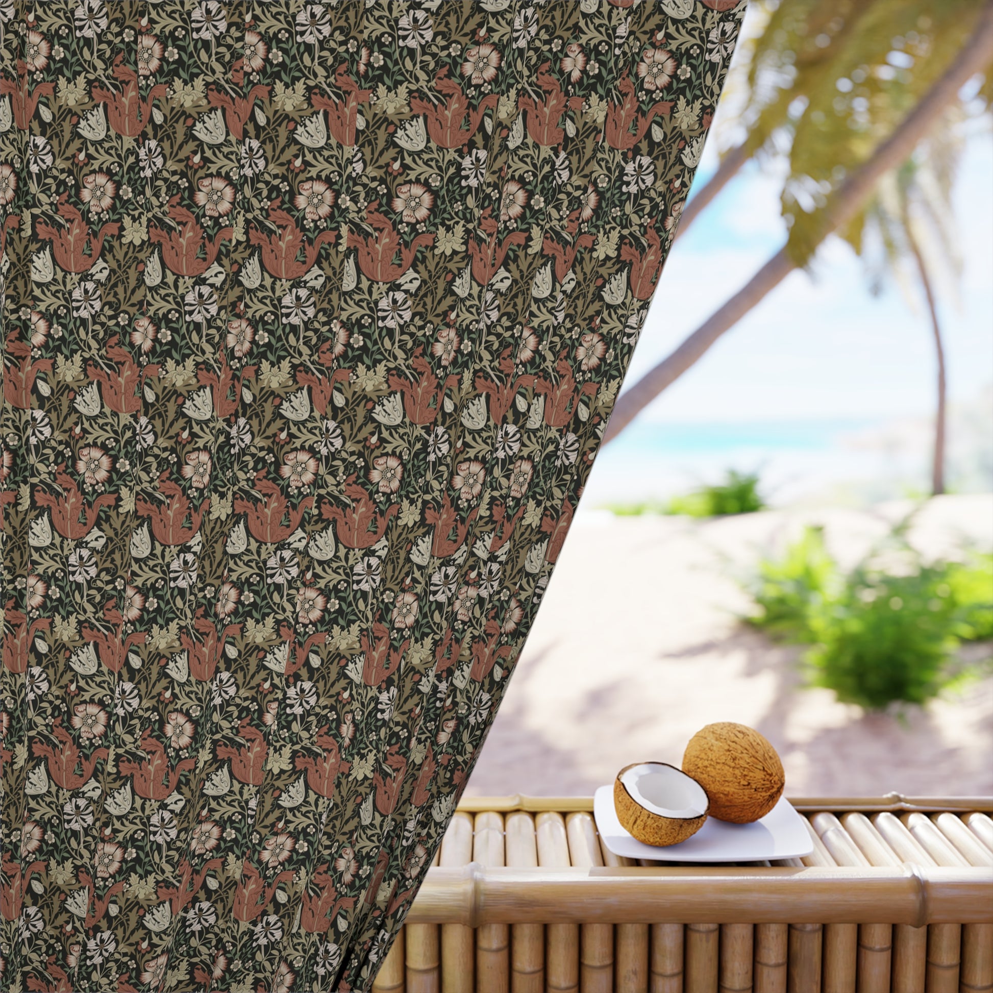 Decorative curtain with floral pattern in a tropical setting