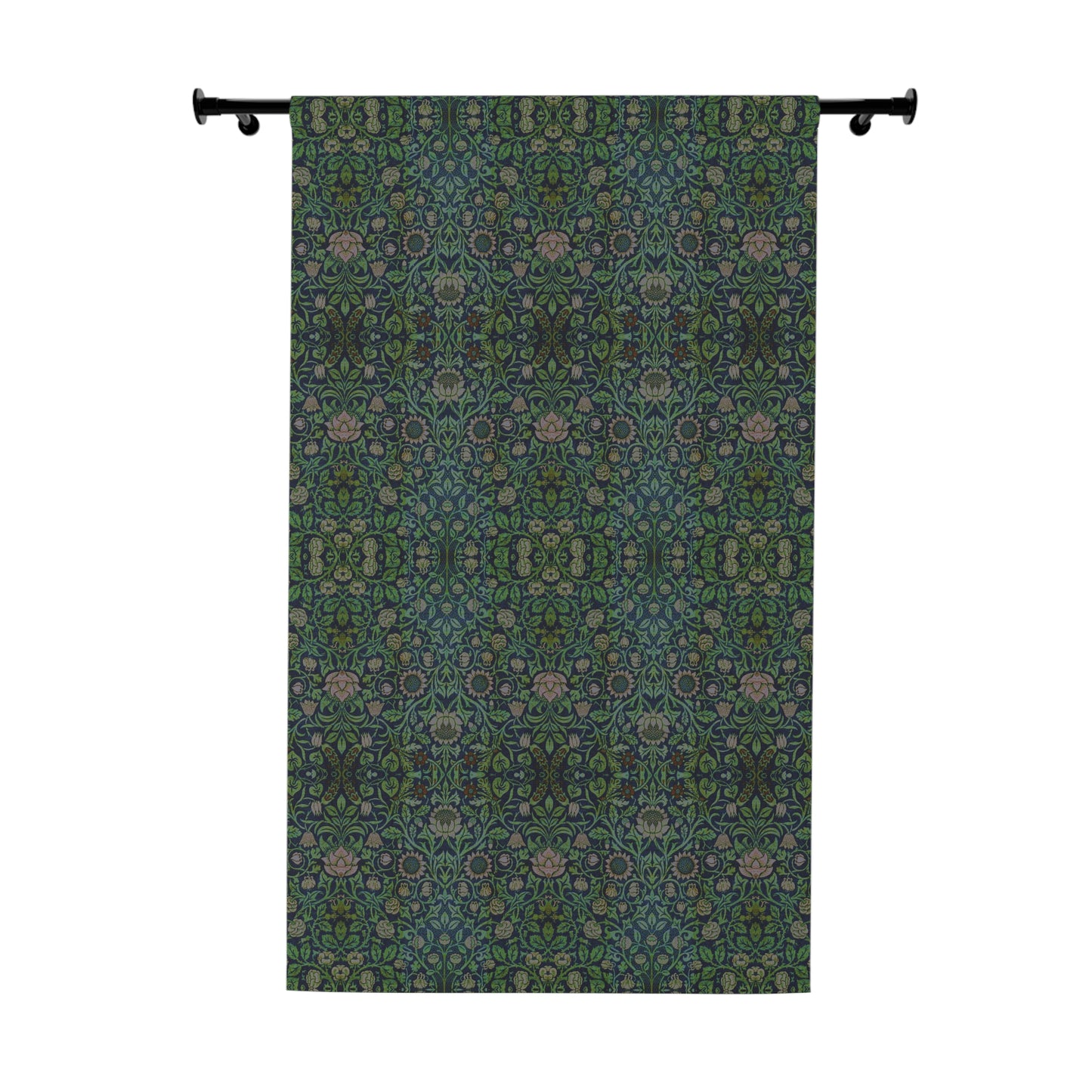 Decorative curtain with a green and blue pattern on a white background
