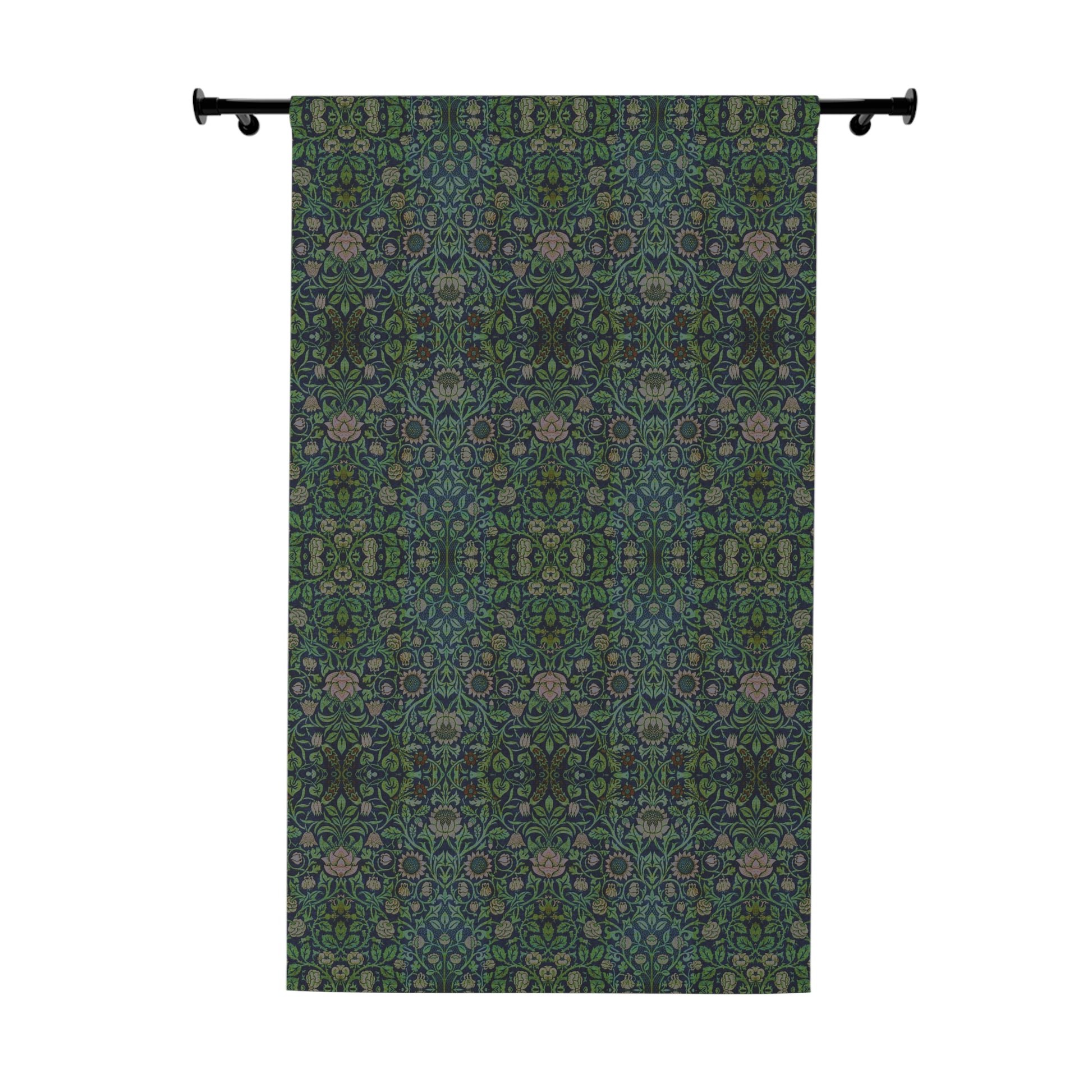 Decorative curtain with a green and blue pattern on a white background