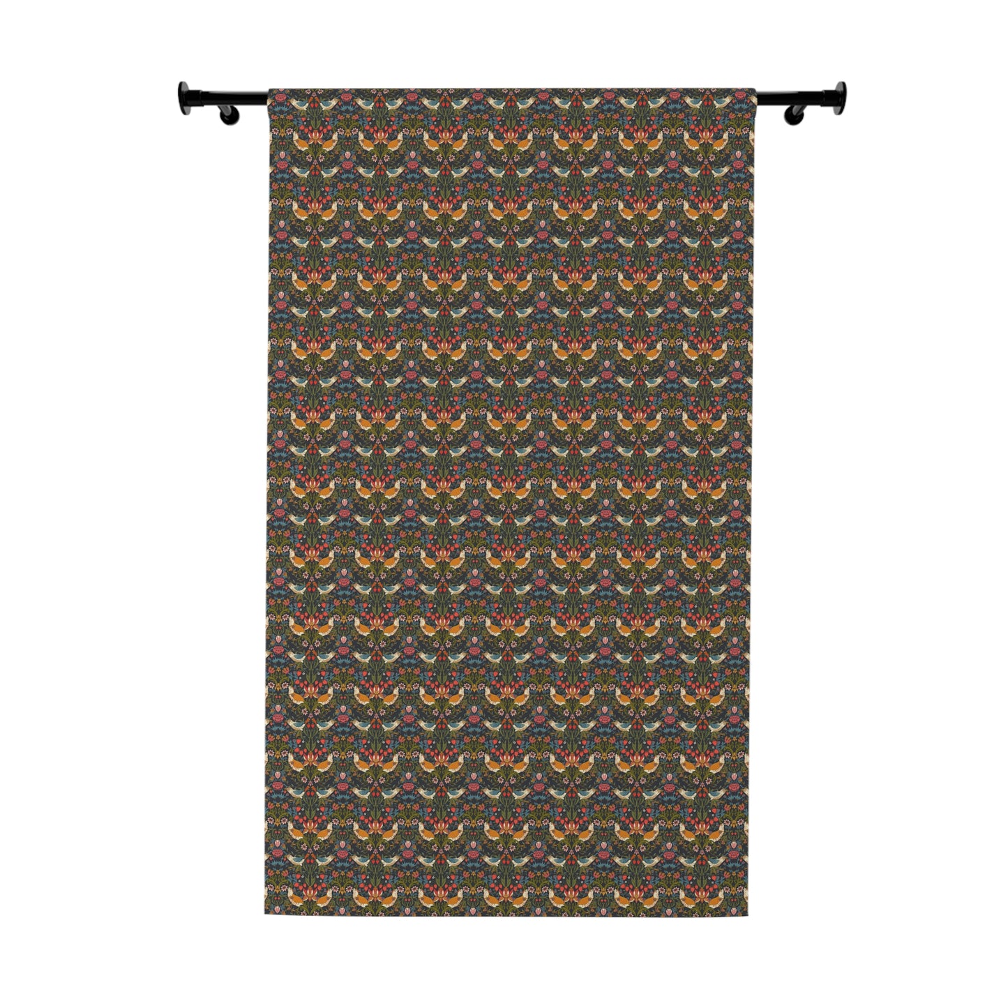 Decorative curtain with a pattern of colorful birds on a dark background